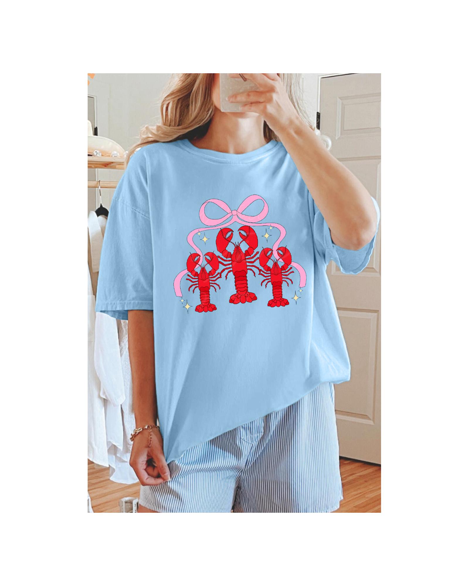 V539-AZEXDC25228838-P4-XL-202508300300-00 Light Blue Bow Crawfish Printed Relaxed Fit T Shirt - XL - Image 1