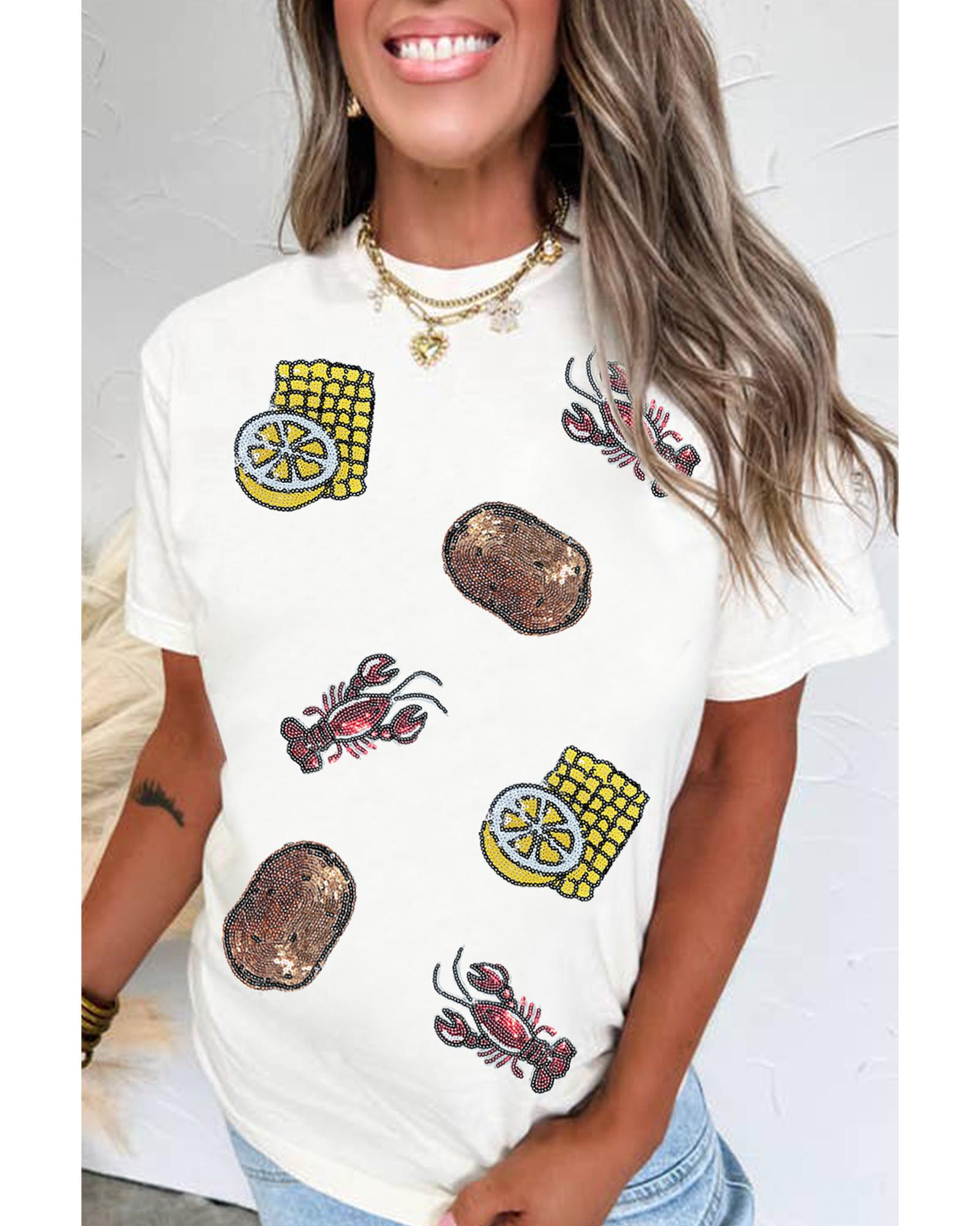 V539-AZEXDC25228852-1-2XL-202508291305-00 White Sequin Crawfish Potato Lemon Corn Graphic Crewneck T Shirt - 2XL - Image 1