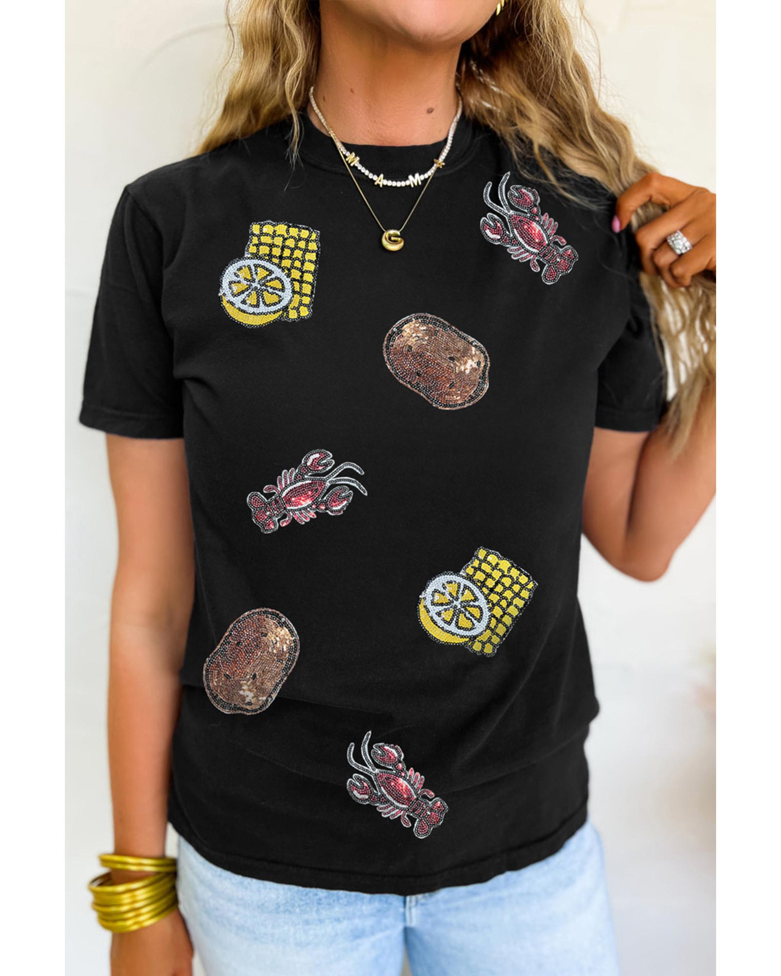 V539-AZEXDC25228852-2-M-202508300450-00 Black Sequin Crawfish Potato Lemon Corn Graphic Crewneck T Shirt - M - Image 1
