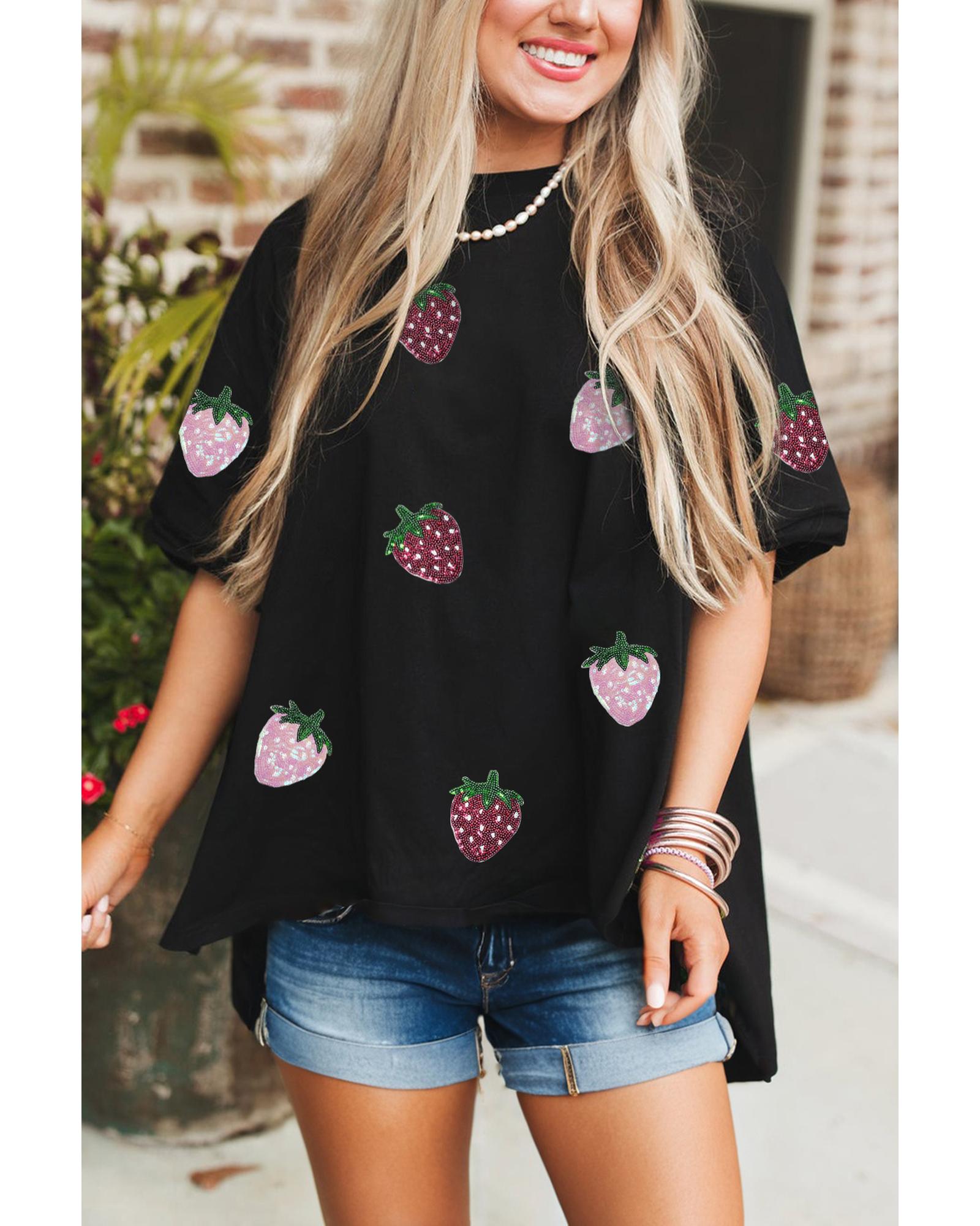 V539-AZEXDC25228858-P2-XL-202508281105-00 Black Sequin Strawberry Graphic High Low Relaxed Fit Tee - XL - Image 1