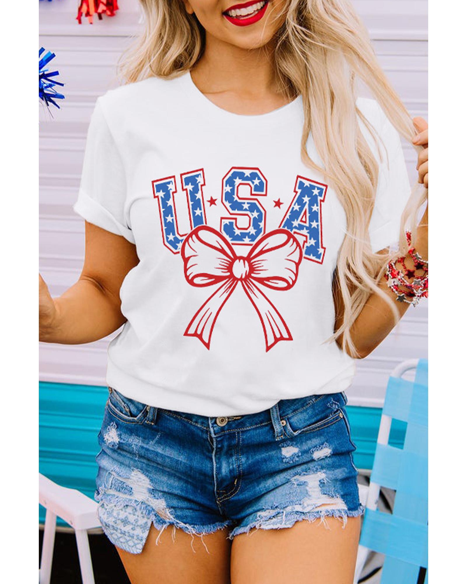 V539-AZEXDC25228959-1-XL-202508300005-00 White USA Bow Letter Graphic Short Sleeve Top - XL - Image 1