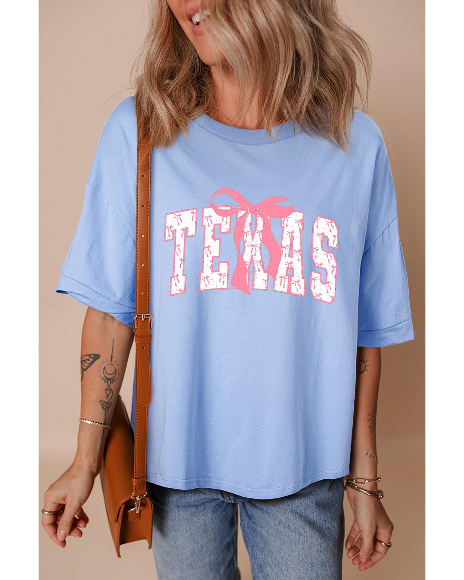 V539-AZEXDC25229008-P1204-S-202506122220-00 Myosotis TEXAS Bow Graphic Half Sleeve Drop Shoulder Loose Tee - S - Image 1