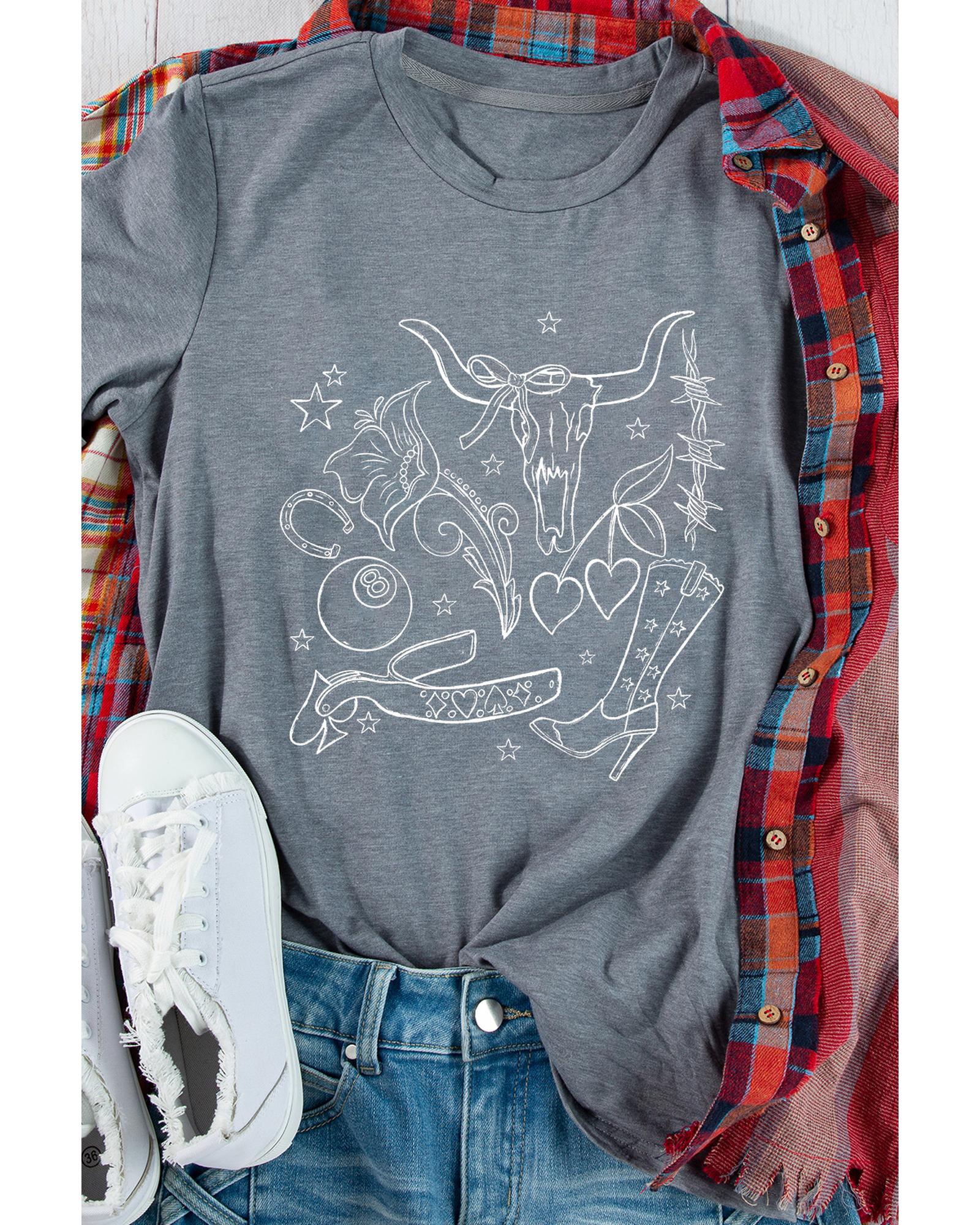 V539-AZEXDC25229017-11-S-202506122237-00 Gray Cowgirl Boots OX Head Western Fashion Print Crewneck Tee - S - Image 1