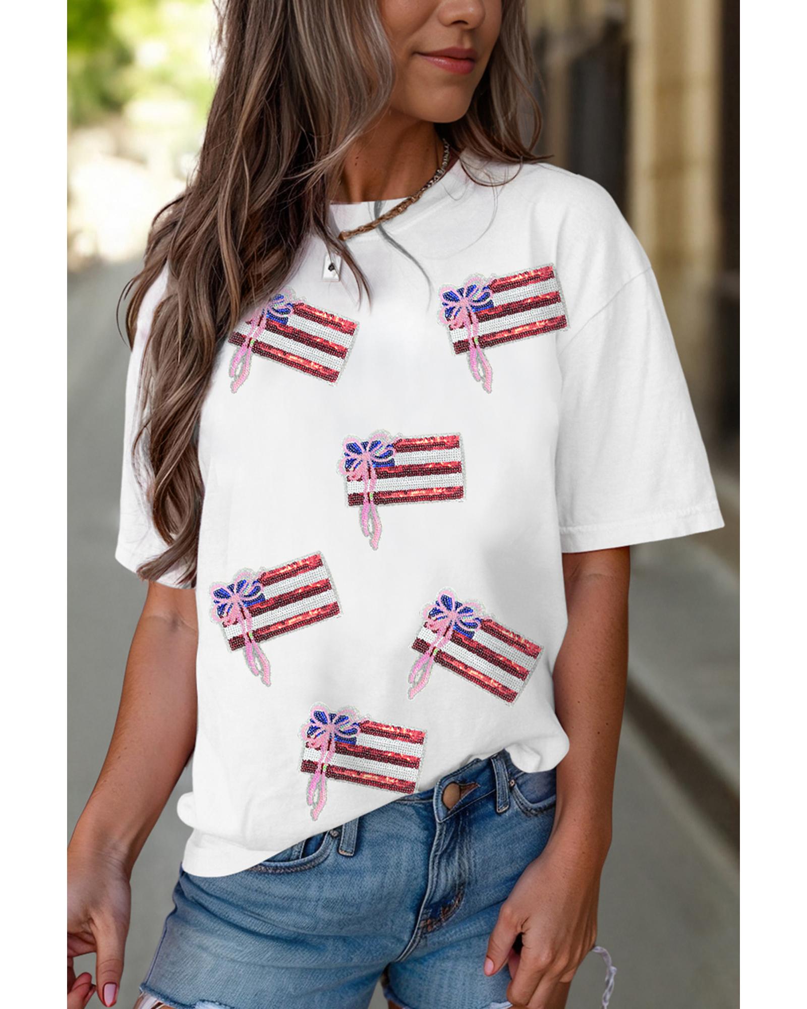 V539-AZEXDC25229028-1-3XL-202508290105-00 White Sequin Bow American Flag Patched T Shirt - 3XL - Image 1