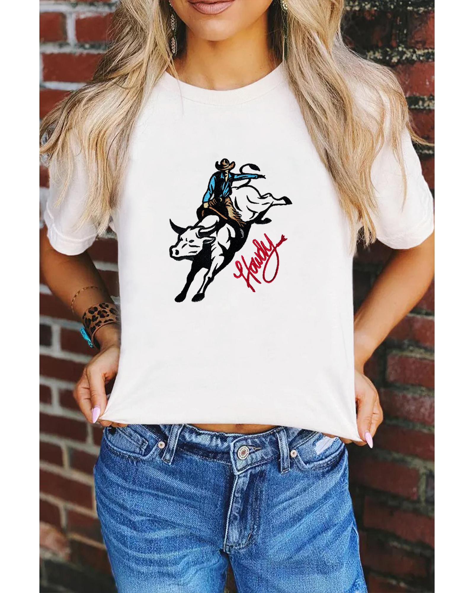 V539-AZEXDC25229101-1-XL-202508280935-00 White Cowboy Howdy Embroidered Western Fashion T Shirt - XL - Image 1