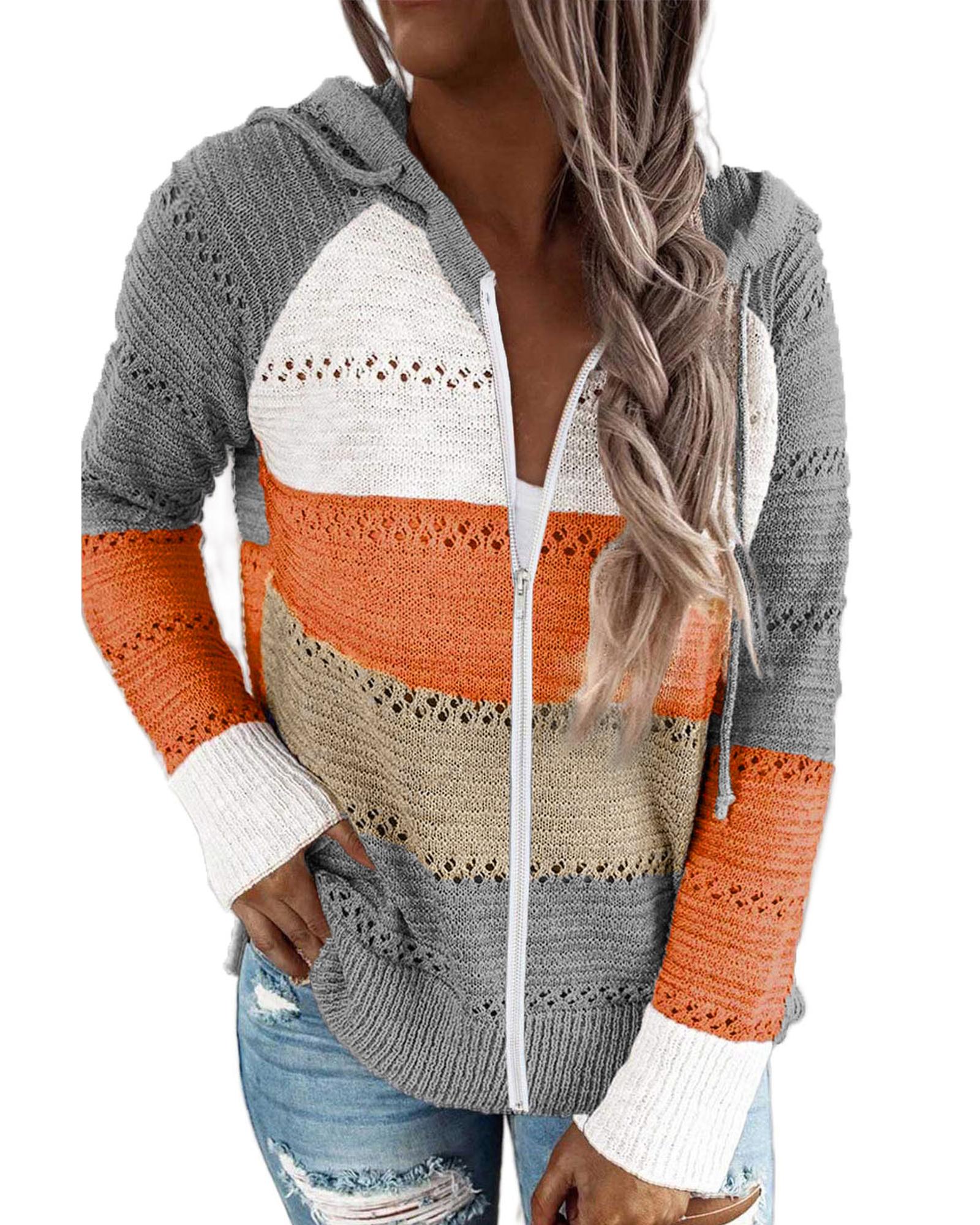 V539-AZEXDC2531016-11-L-202508270230-00 Gray Zipped Front Colorblock Hollow-out Knit Hoodie - L - Image 1