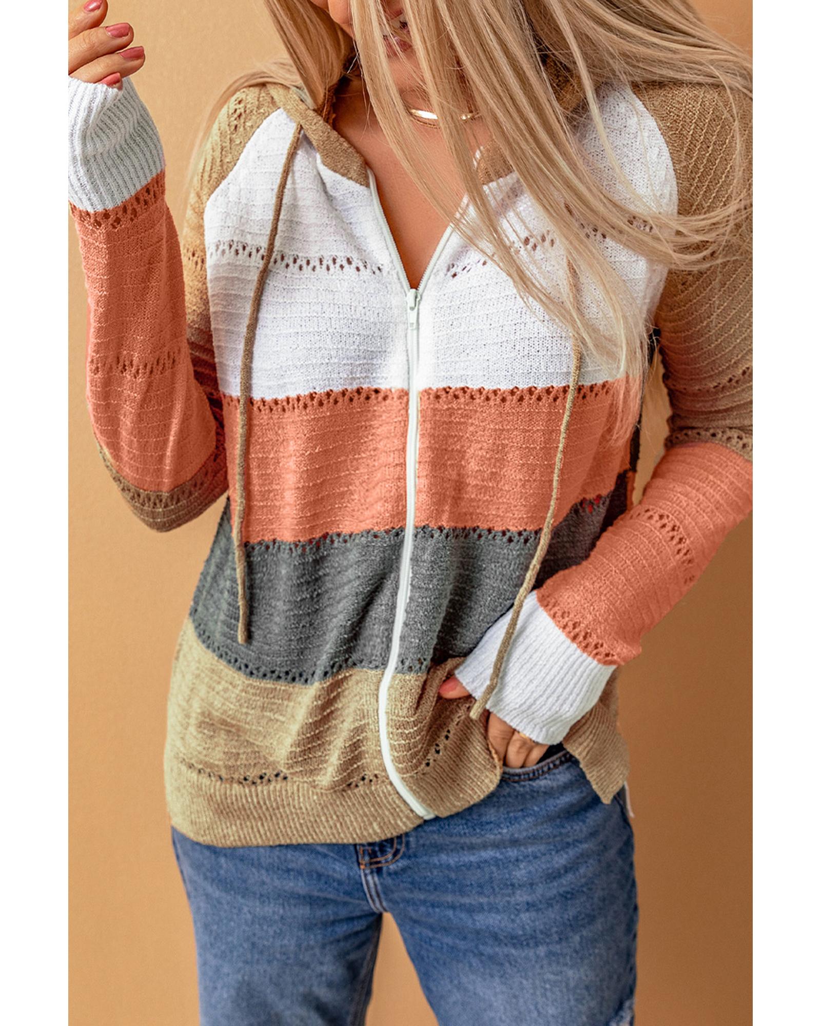 V539-AZEXDC2531016-22-S-164765-00 Azura Exchange Zipped Front Colorblock Hollow-out Knit Hoodie - S - Image 1
