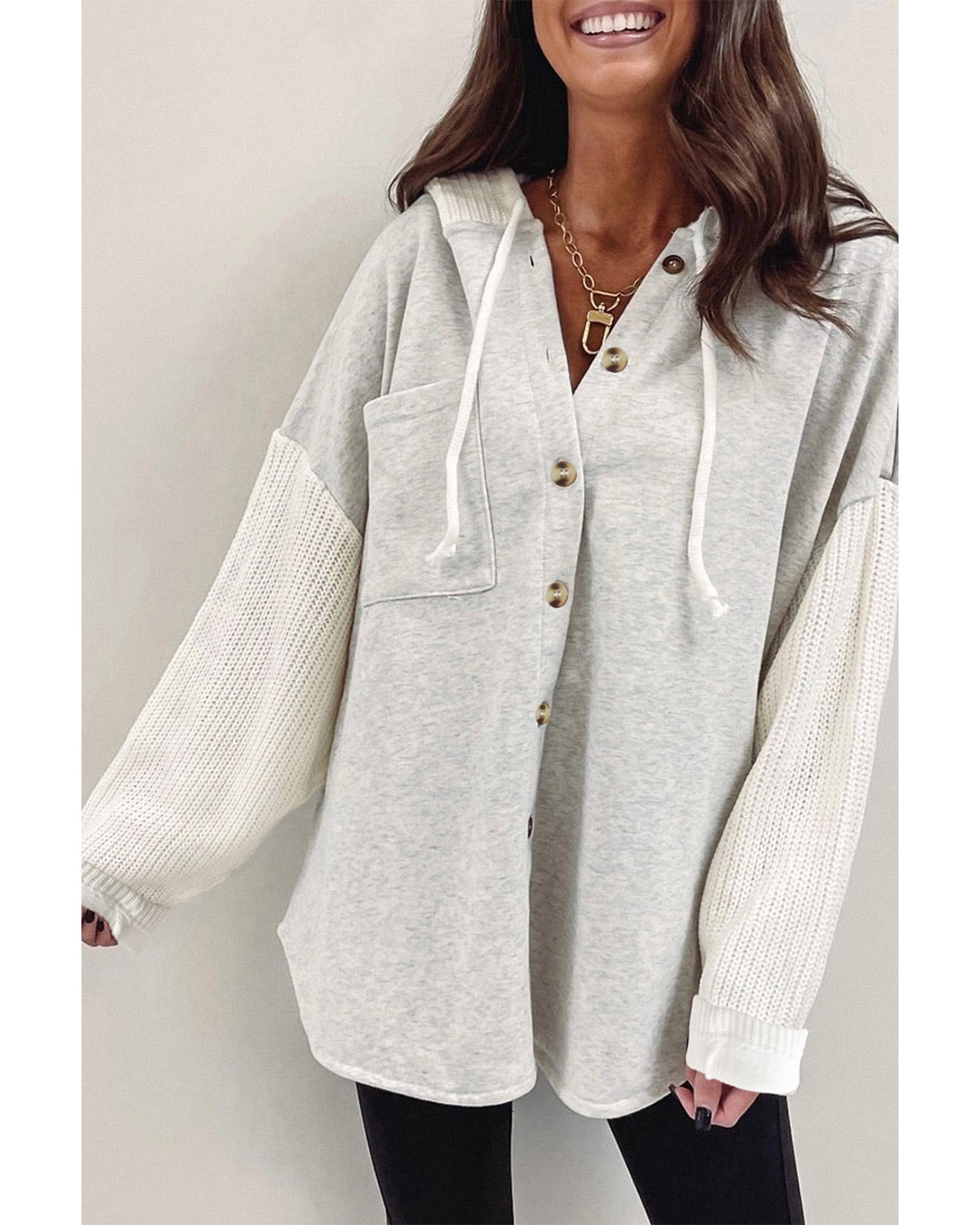 V539-AZEXDC25312001-11-L-202508270215-00 Azura Exchange Gray Button Up Contrast Knitted Sleeves Hooded Jacket - L - Image 1