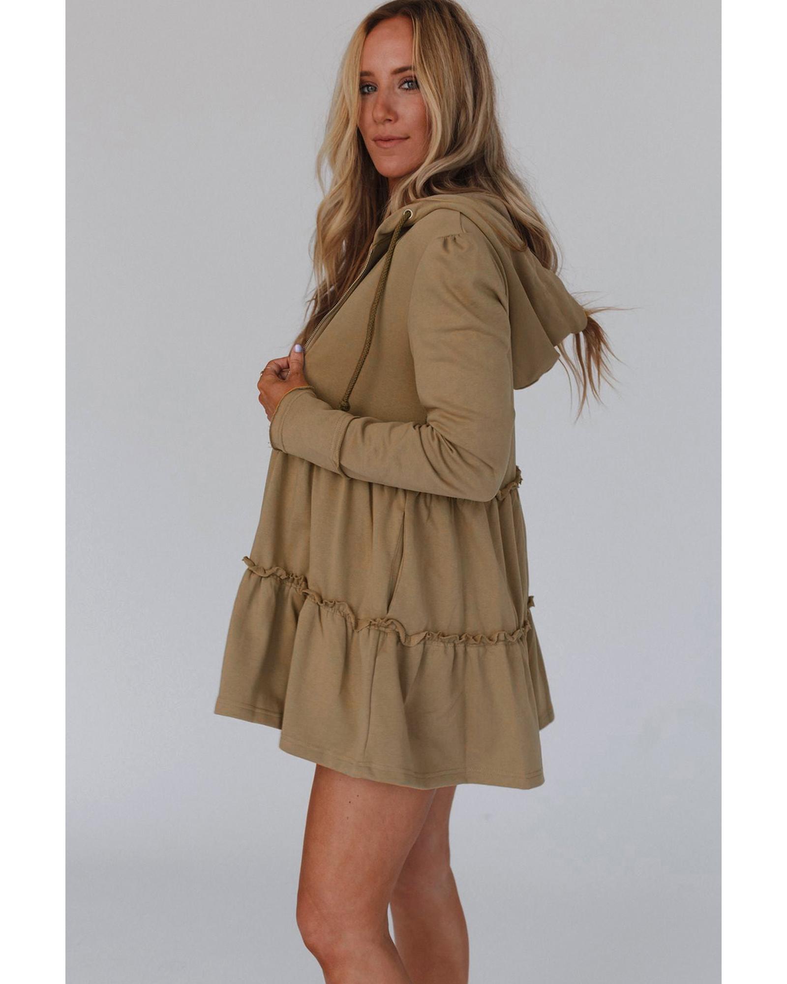 V539-AZEXDC25312008-16-M-202508271430-00 Khaki Tiered Ruffled Zip-Up Drawstring Hooded Jacket - M - Image 1