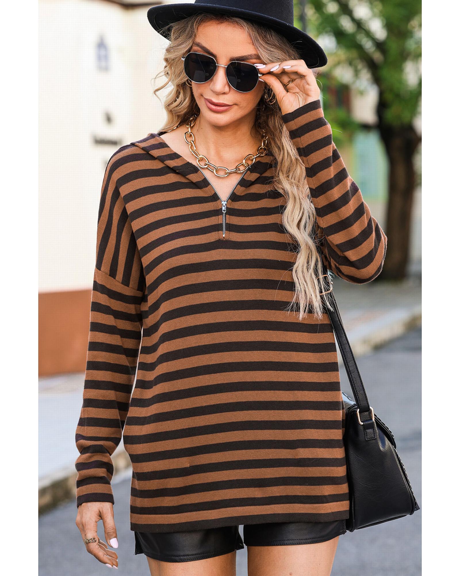 V539-AZEXDC25312197-17-S-165446-00 Azura Exchange Striped Knit Quarter Zip Hoodie - S - Image 1