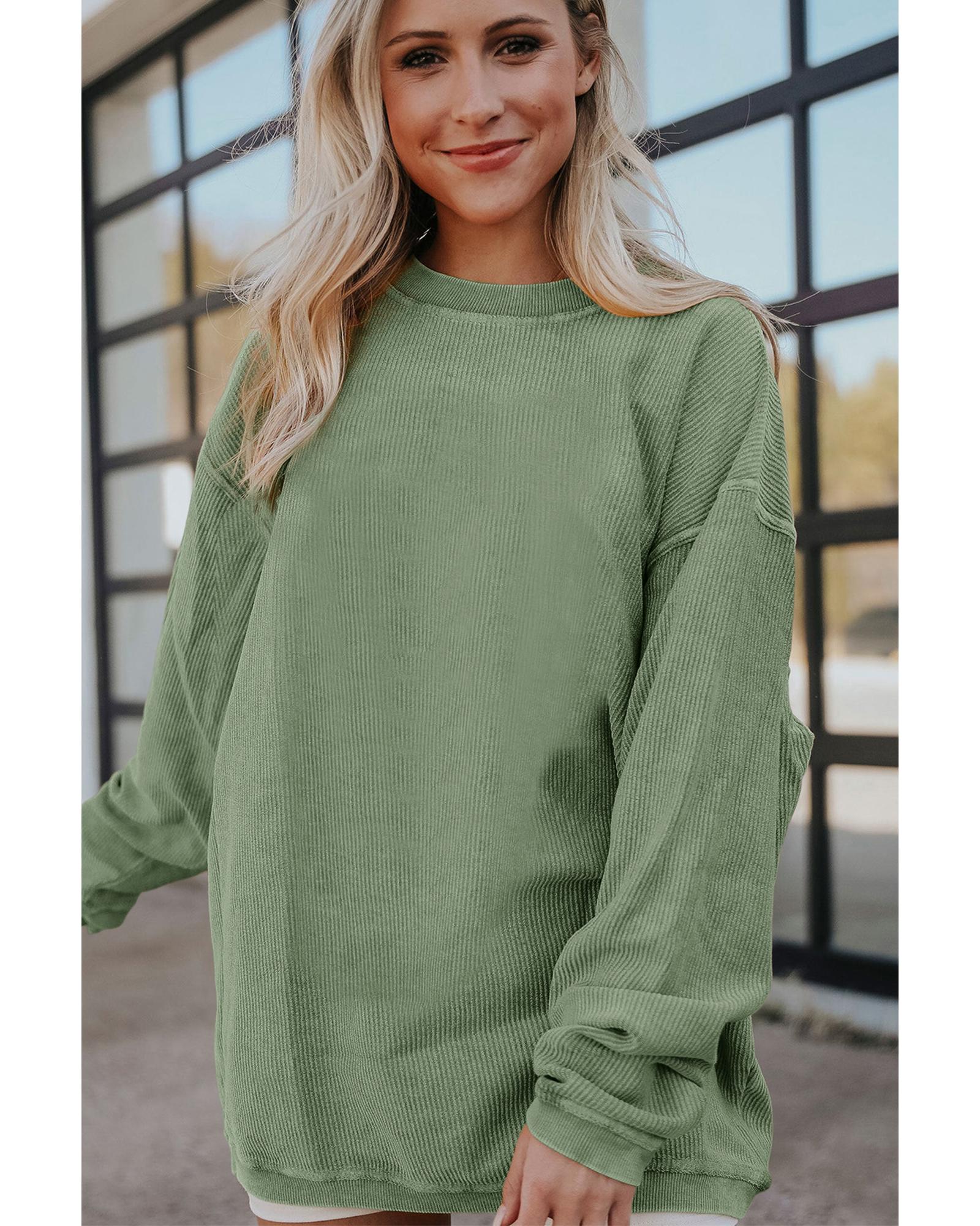 V539-AZEXDC25312934-P1109-S-202506130033-00 Green Ribbed Corded Oversized Sweatshirt - S - Image 1