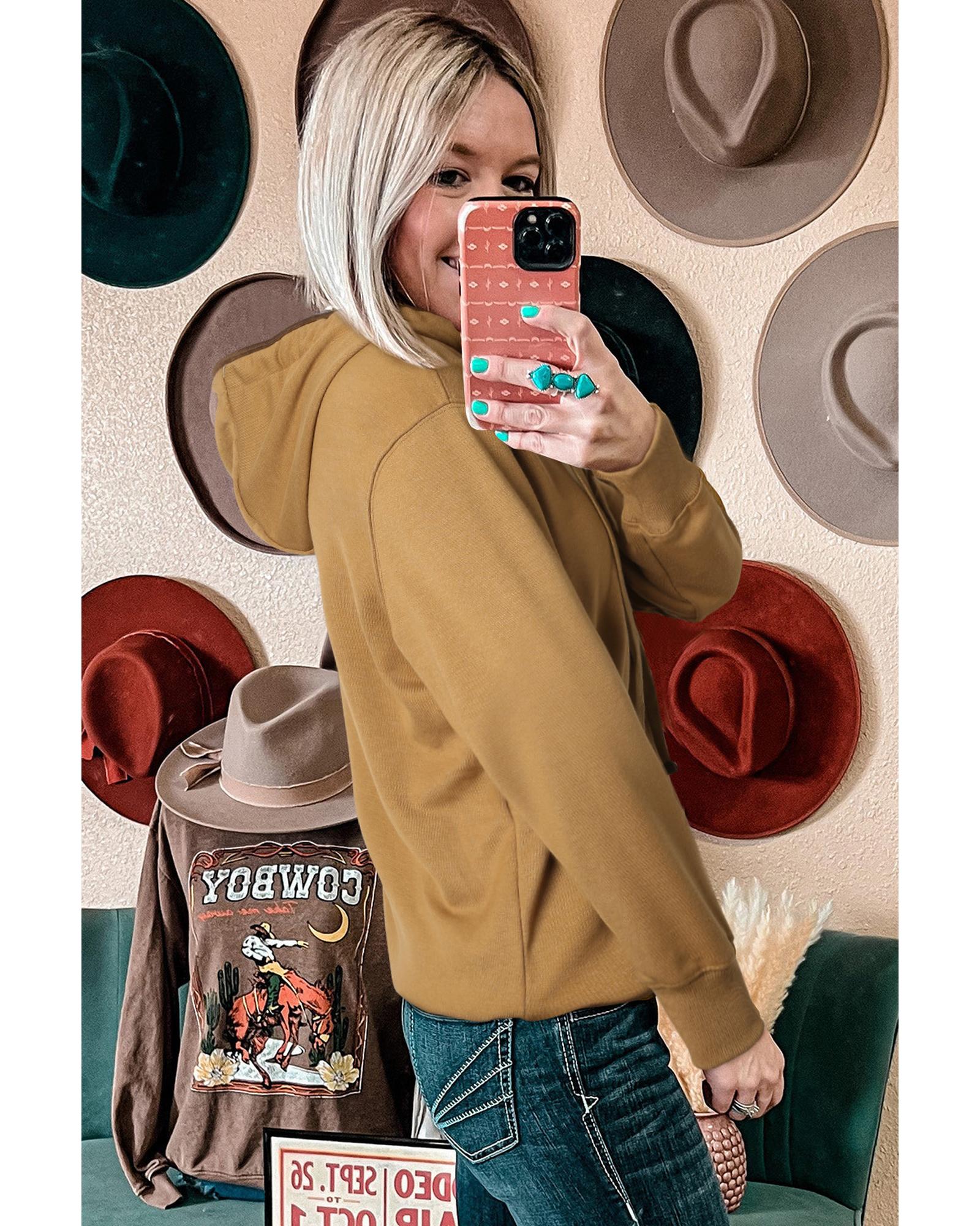 V539-AZEXDC25314390-P16-XL-202508280505-00 Khaki Drawstring Kangaroo Pocket Henley Hoodie - XL - Image 1