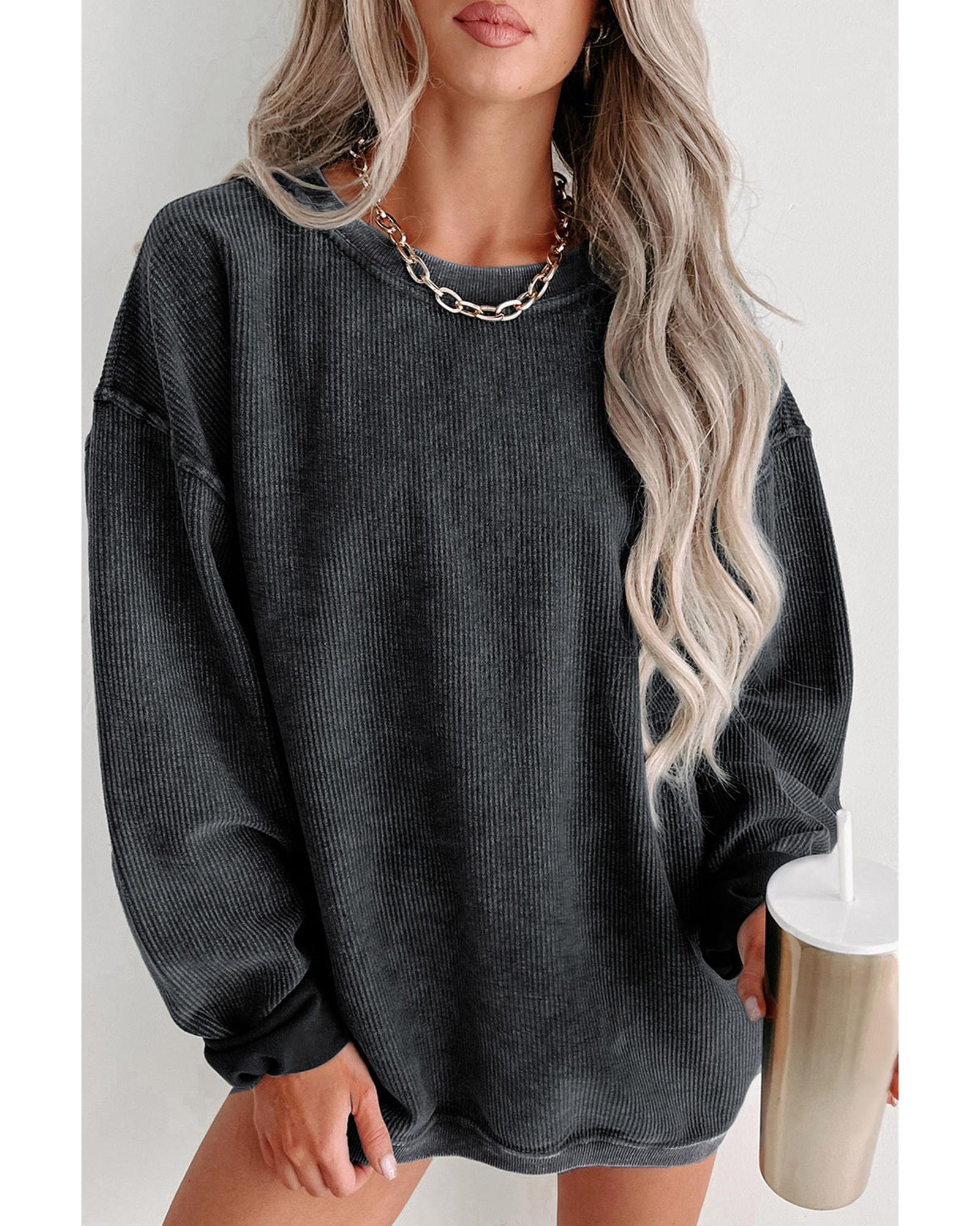 V539-AZEXDC25314534-2-2XL-202508281520-00 Black Solid Ribbed Knit Round Neck Pullover Sweatshirt - 2XL - Image 1
