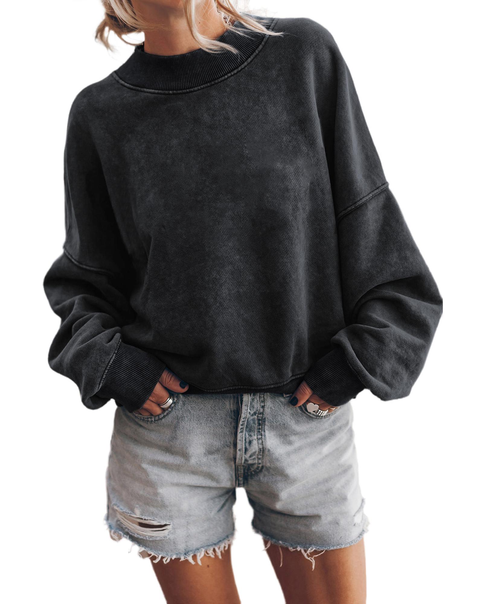 V539-AZEXDC25314590-2-XL-202508292340-00 Black Drop Shoulder Crew Neck Pullover Sweatshirt - XL - Image 1