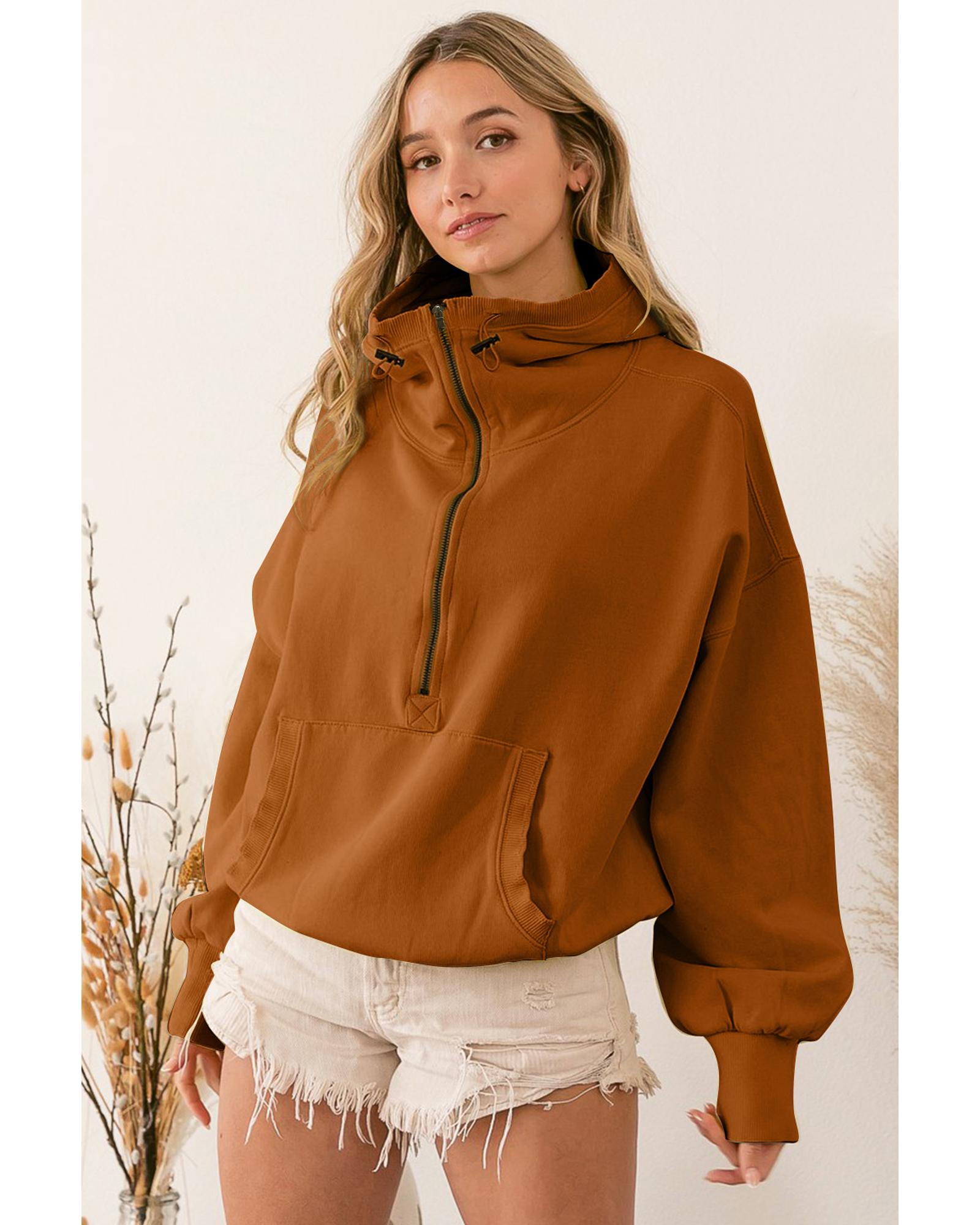 V539-AZEXDC25314629-1017-L-202508281020-00 Brown Ribbed Trim Kangaroo Pocket Zipped Hoodie - L - Image 1