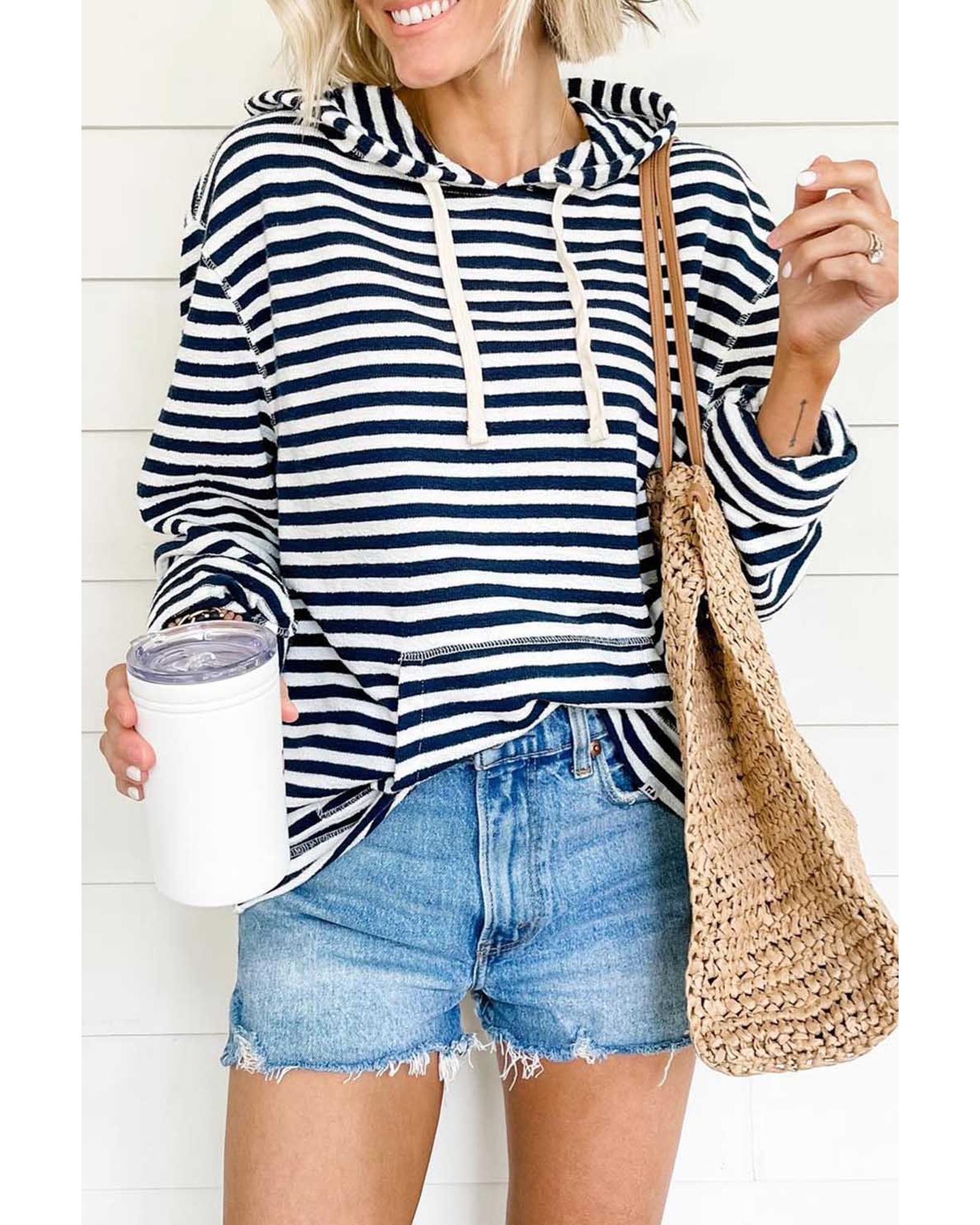 V539-AZEXDC25314733-19-XL-202508291540-00 Stripe Kangaroo Pocket Drawstring Hoodie - XL - Image 1