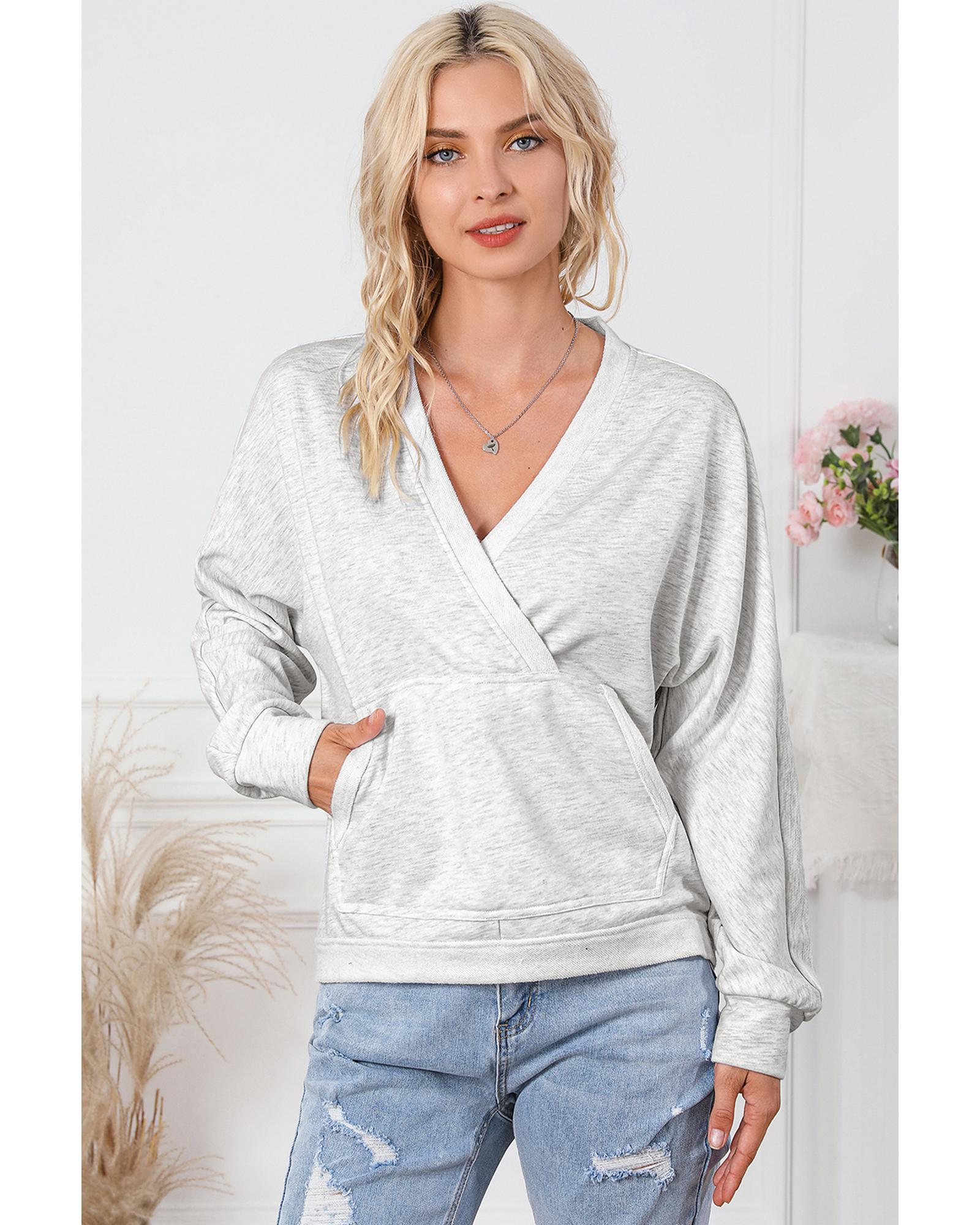V539-AZEXDC25314735-11-S-202506122153-00 Gray Contrast Trim V Neck Wrap Sweatshirt with Pocket - S - Image 1
