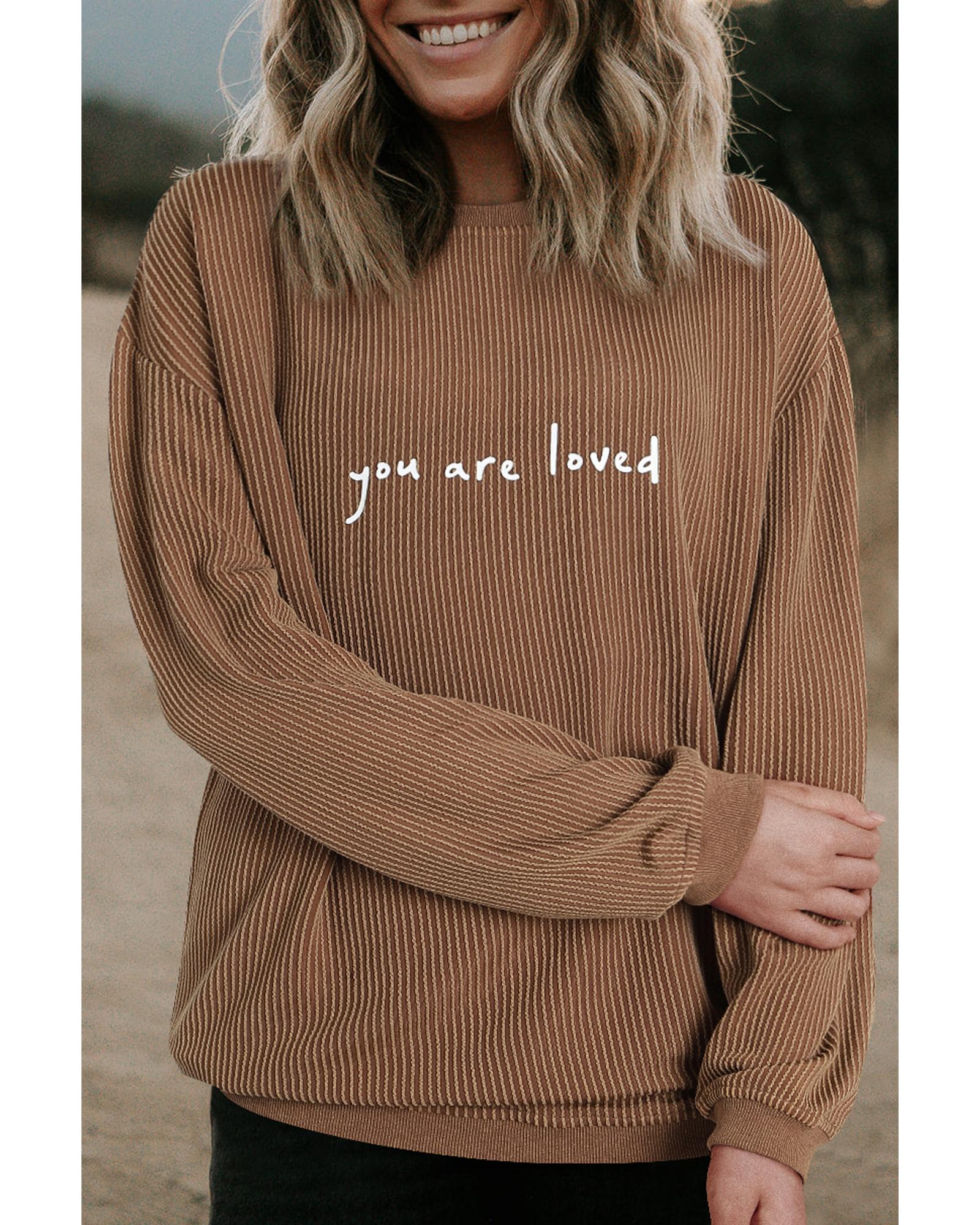 V539-AZEXDC25314787-16-L-202508280315-00 Khaki You Are Loved Print Corduroy Sweatshirt - L - Image 1