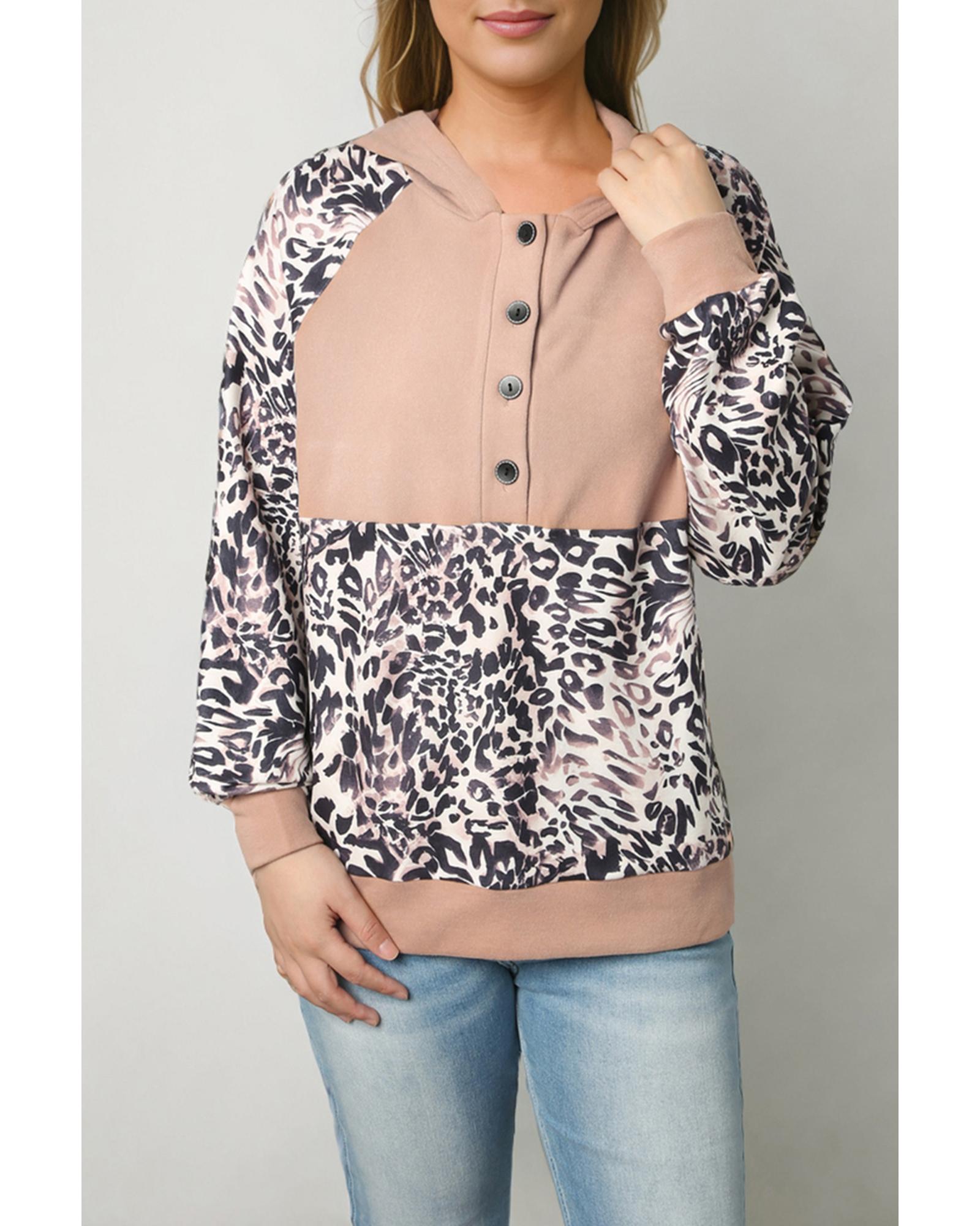 V539-AZEXDC25314807-20-M-202508281740-00 Leopard Print Buttoned Neckline Raglan Sleeve Hoodie - M - Image 1
