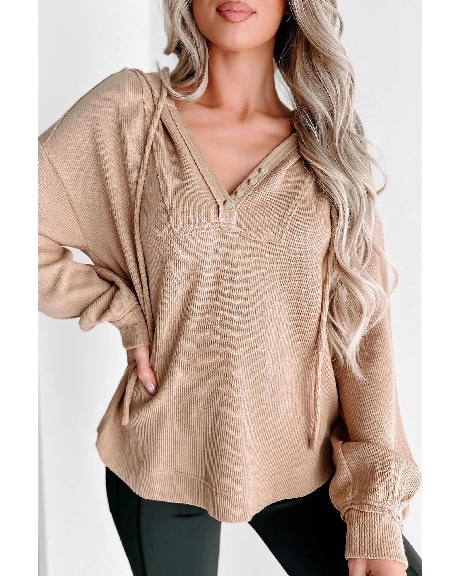 V539-AZEXDC25314909-16-S-202506122230-00 Khaki Buttoned V Neck Drawstring Knit Hoodie - S - Image 1