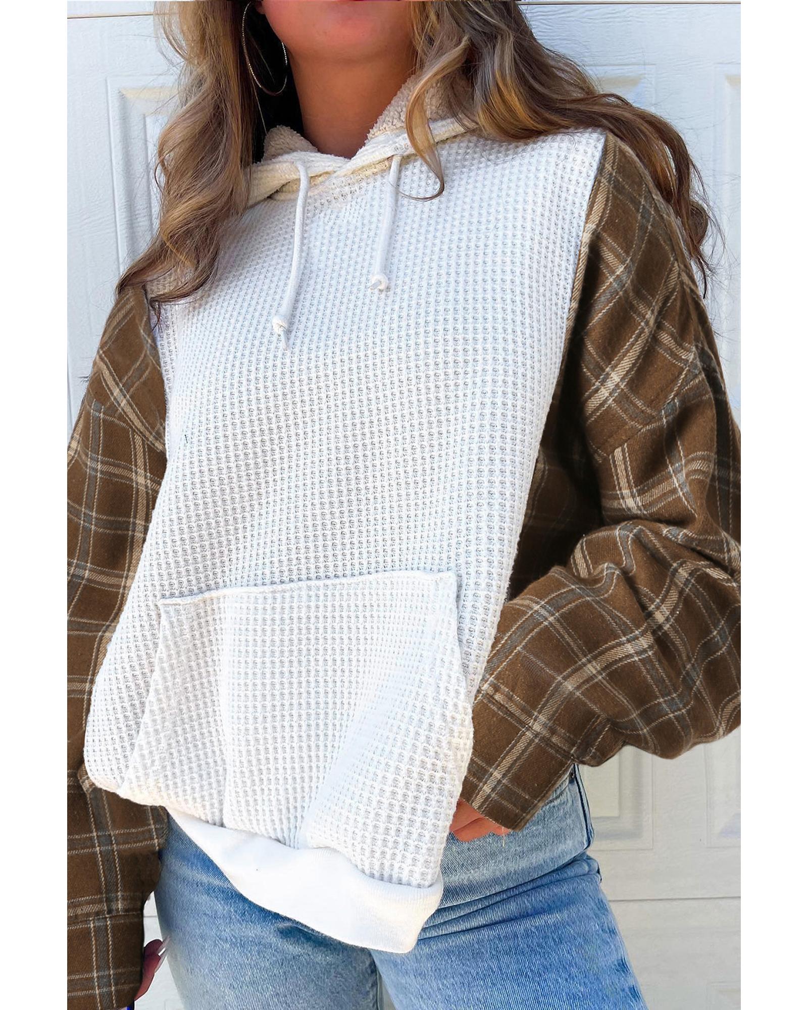 V539-AZEXDC25314992-1-S-202506122307-00 White Waffle Patch Plaid Sleeve Kangaroo Pocket Hoodie - S - Image 1