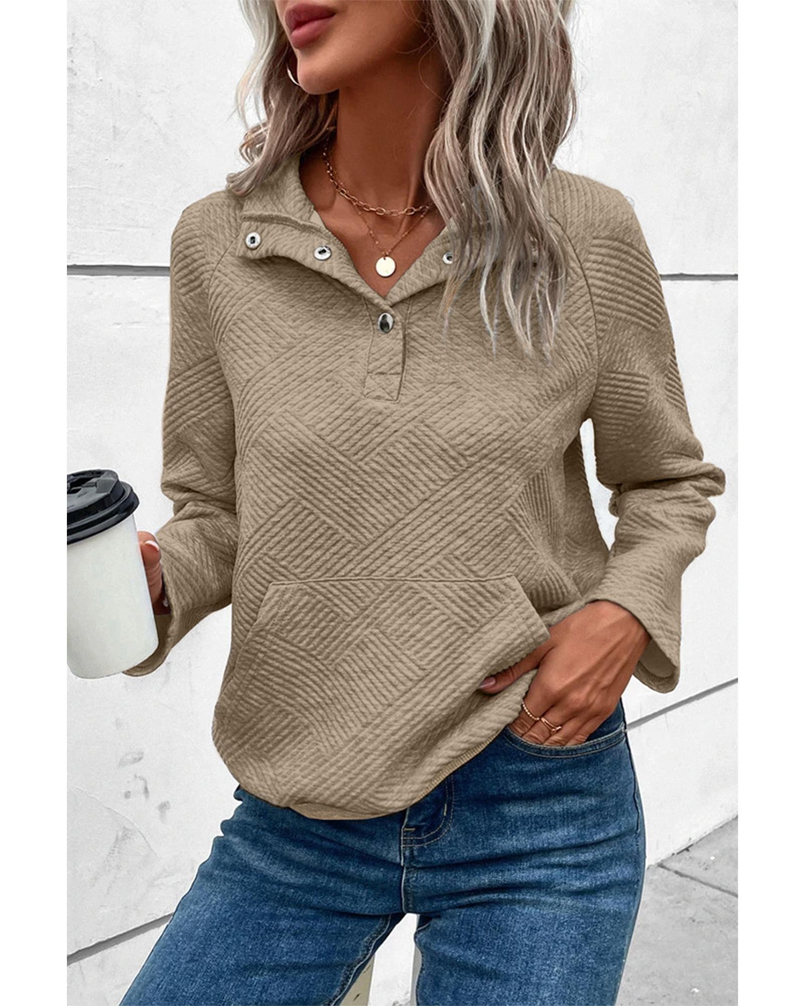 V539-AZEXDC25315197-P5016-L-202506122337-00 Pale Khaki Textured Knit Buttoned Kangaroo Pocket Sweatshirt - L - Image 1