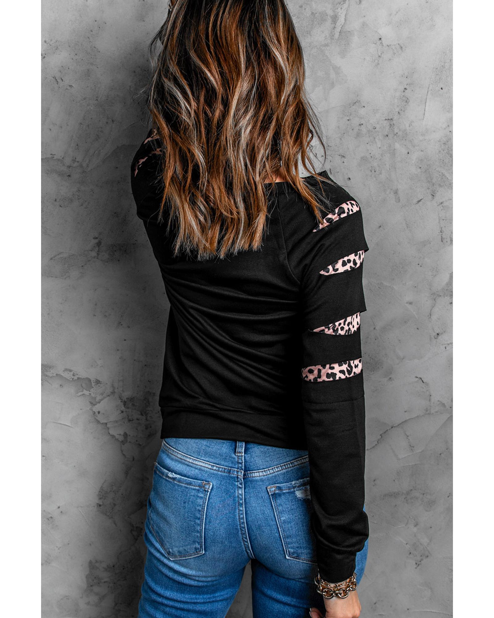 V539-AZEXDC25315252-2-S-202506122345-00 Black Leopard PUMPKIN SEASON Graphic Ripped Sleeve Sweatshirt - S - Image 1