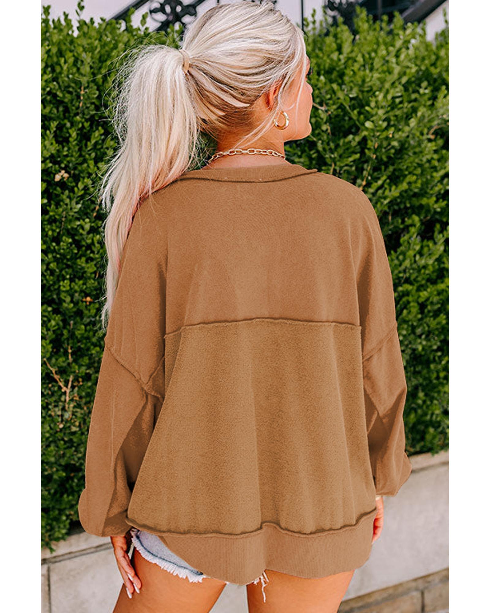V539-AZEXDC25315269-P2017-M-202508270235-00 Chestnut Drop Shoulder Henley Buttons Sweatshirt - M - Image 1