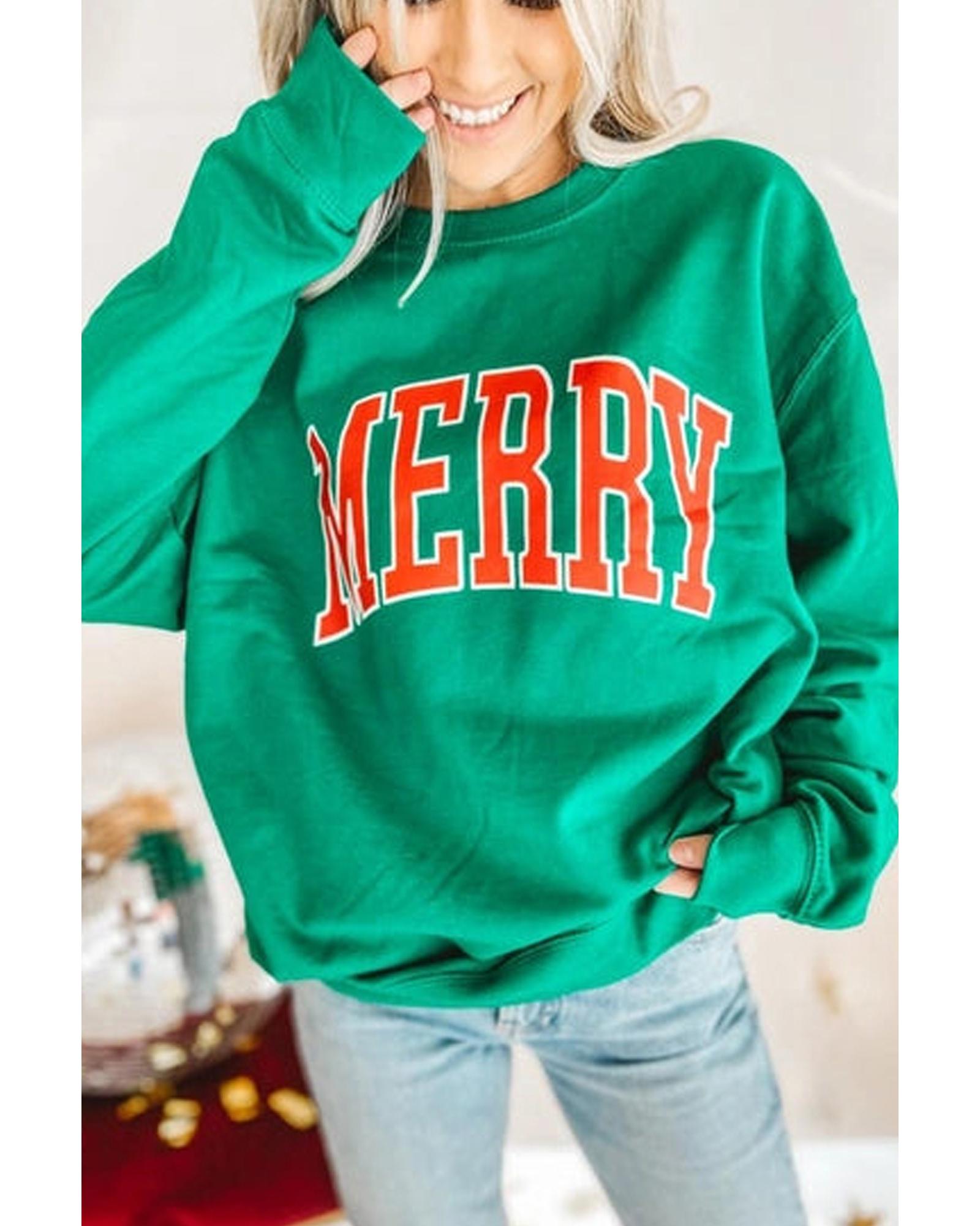 V539-AZEXDC25316132-P109-XL-202508291845-00 Bright Green MERRY Graphic Pullover Sweatshirt - XL - Image 1