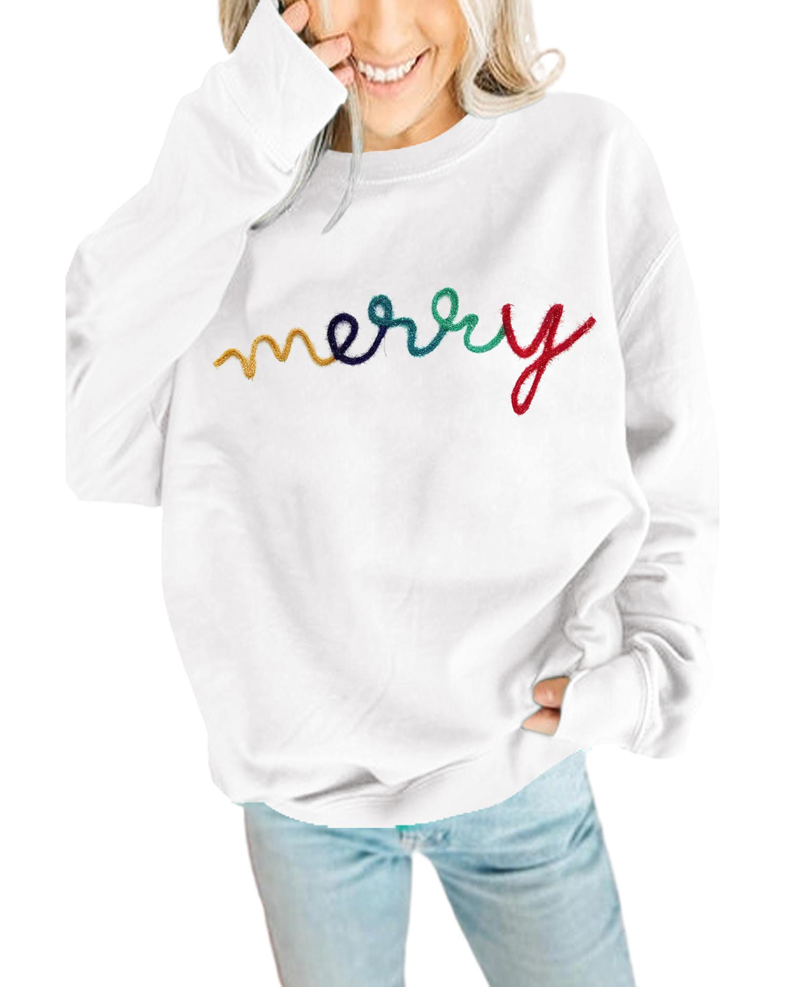 V539-AZEXDC25316132-P122-S-202506122216-00 White MERRY Graphic Pullover Sweatshirt - S - Image 1