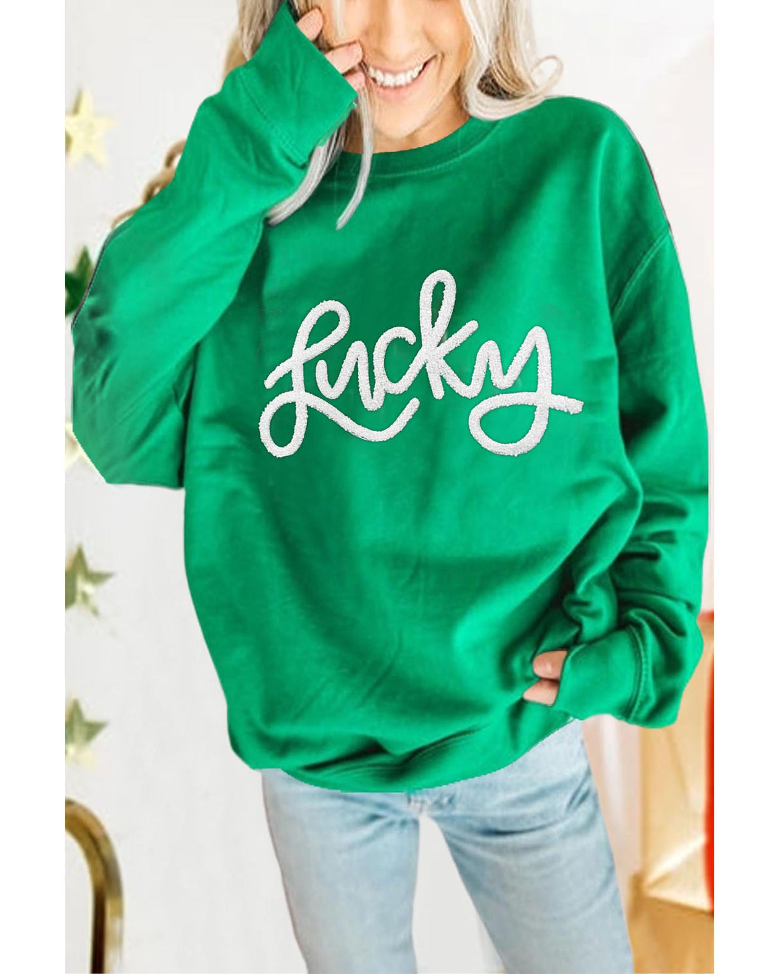 V539-AZEXDC25316132-P9-XL-202508281315-00 Green LUCKY Aphabet Chenille Embroidered Pullover Sweatshirt - XL - Image 1