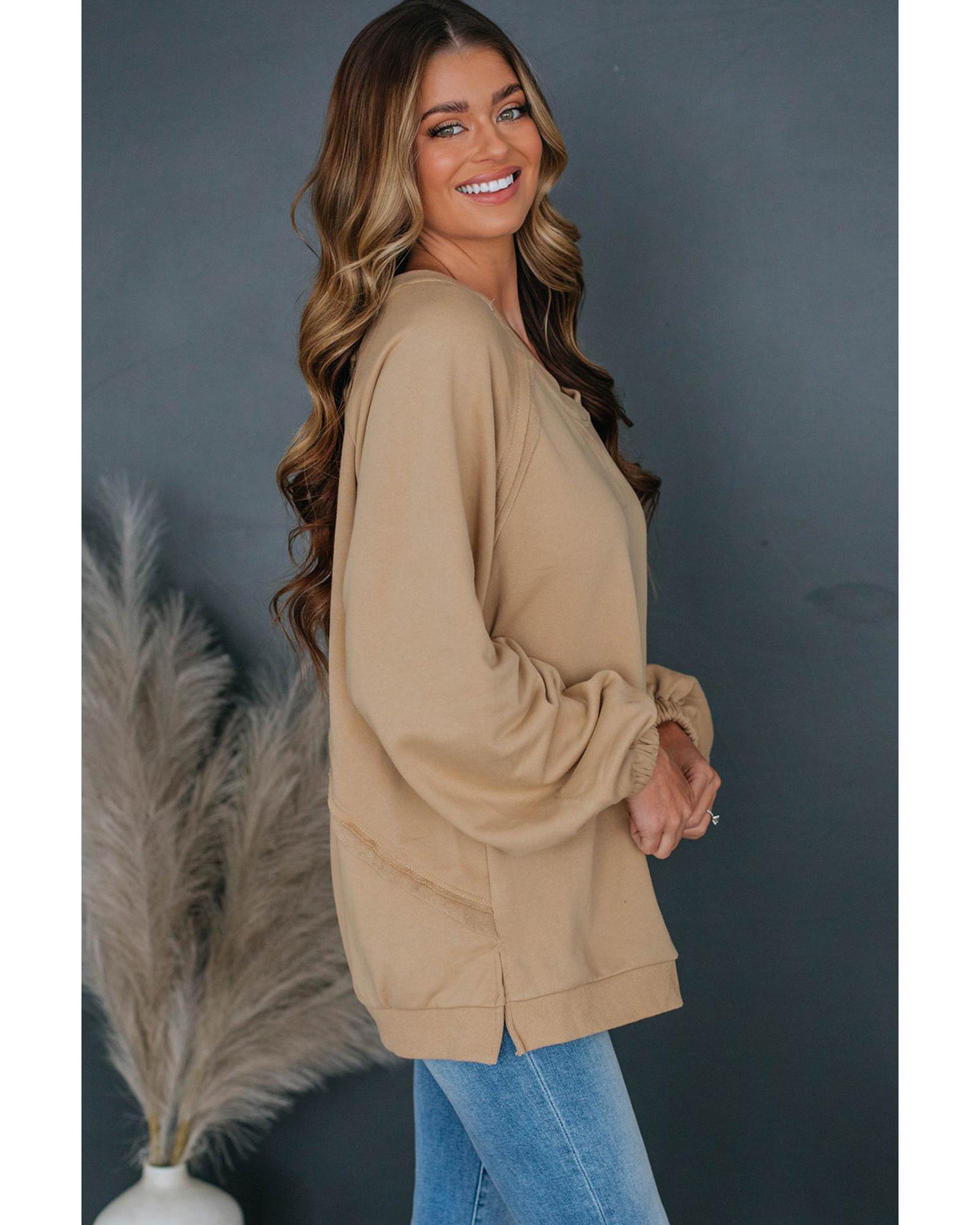 V539-AZEXDC25316174-P4016-L-202508281640-00 Light French Beige Solid Color Lattice Hollow Out Back Sweatshirt - L - Image 1