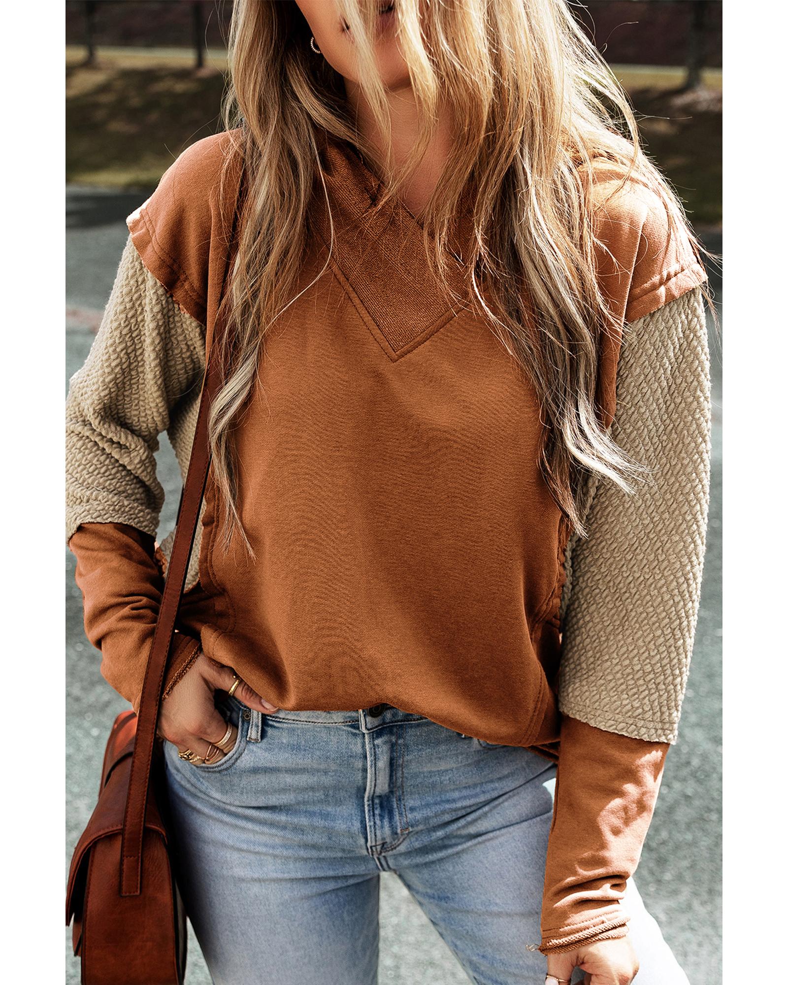 V539-AZEXDC25316258-P2017-XL-202508292215-00 Chestnut Contrast Sleeves Patchwork Colorblock Hoodie - XL - Image 1