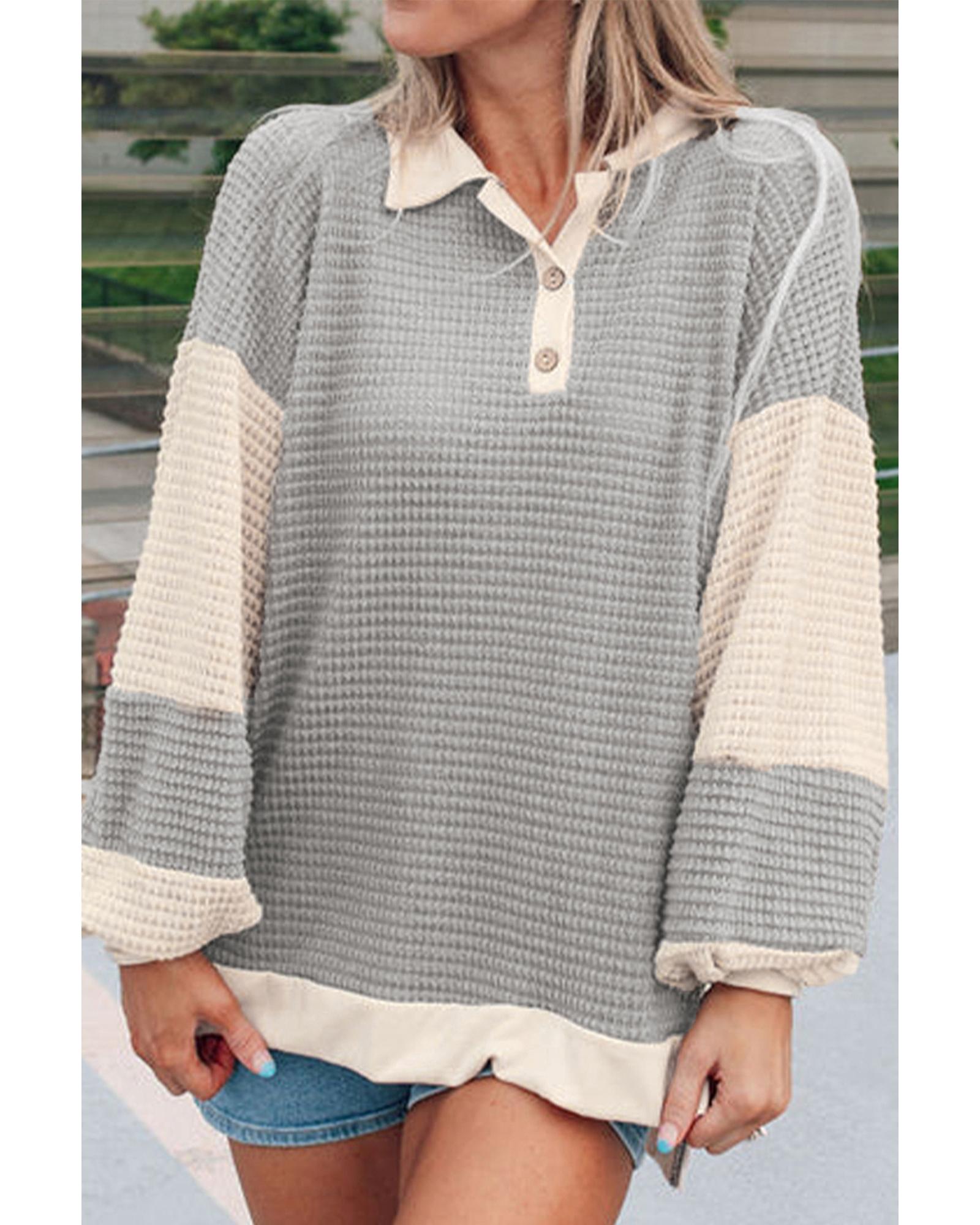 V539-AZEXDC25316527-P1622-XL-202508271515-00 Khaki Textured Colorblock Collared Henley Top - XL - Image 1