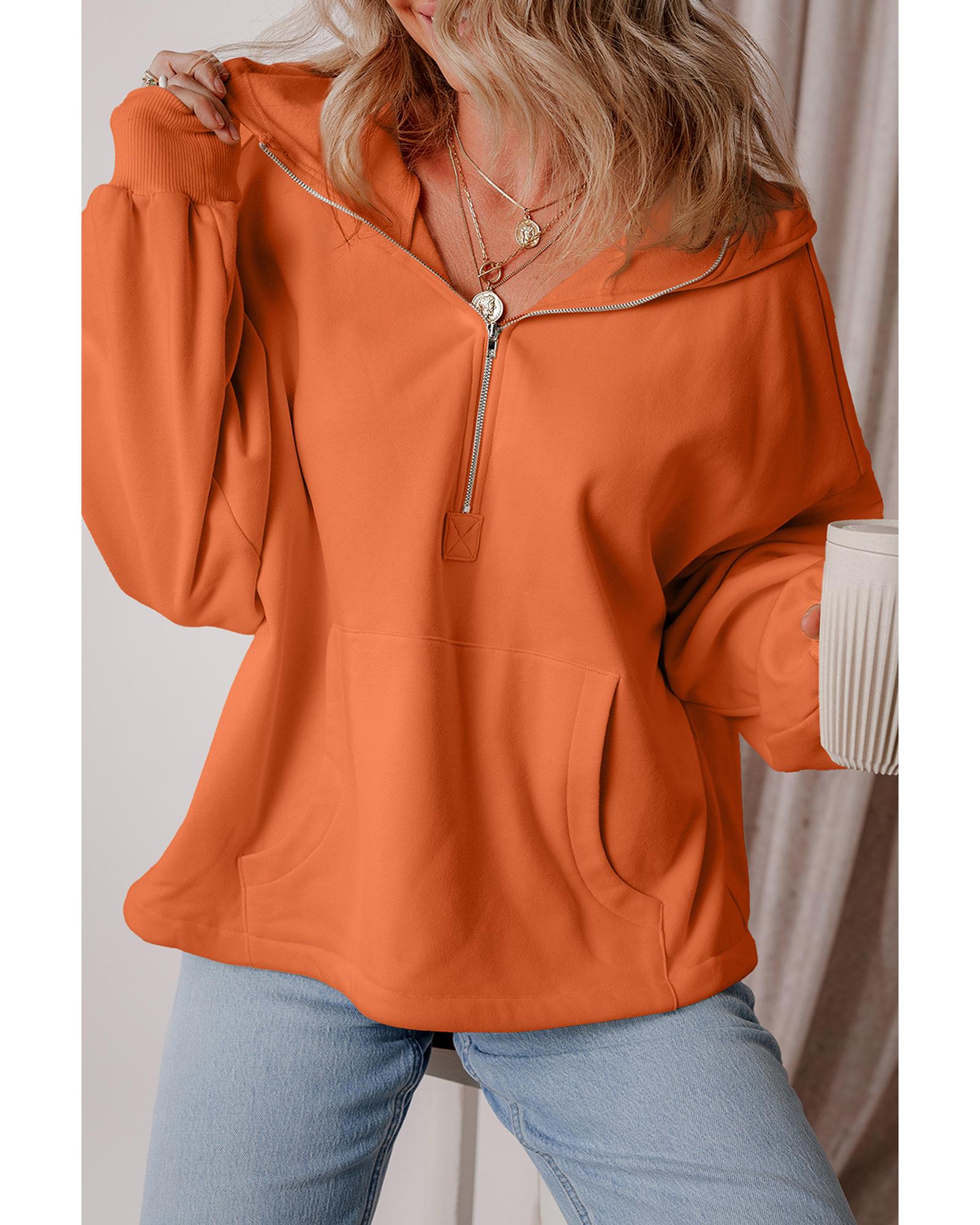 V539-AZEXDC25316626-P14-XL-202508270650-00 Orange Fleece Lined Half Zipper Kangaroo Pockets Loose Hoodie - XL - Image 1