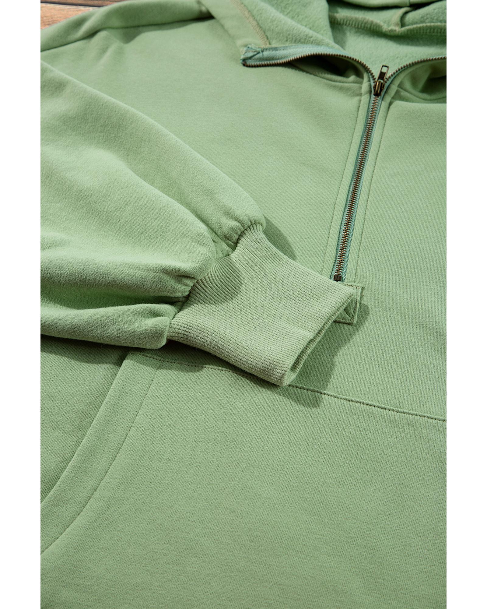 V539-AZEXDC25316626-P2809-S-202506130621-00 Smoke Green Fleece Lined Half Zipper Kangaroo Pockets Loose Hoodie - S - Image 1