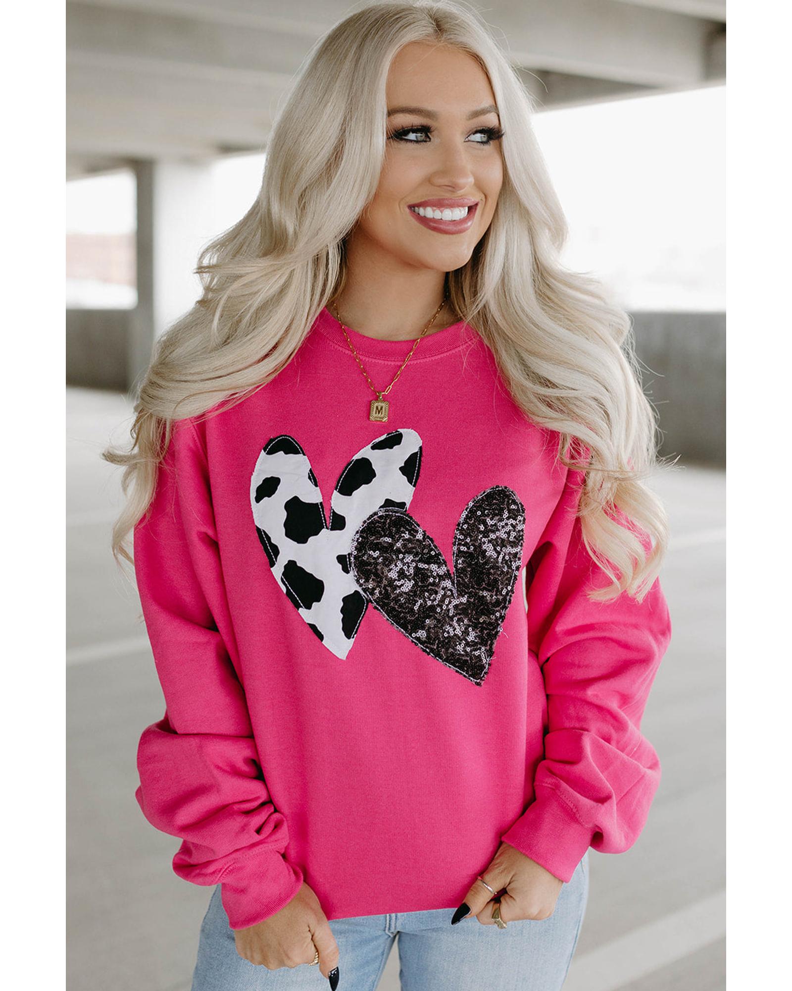 V539-AZEXDC25316769-P306-M-202508282140-00 Strawberry Pink Cow & Sequin Double Heart Patch Graphic Sweatshirt - M - Image 1