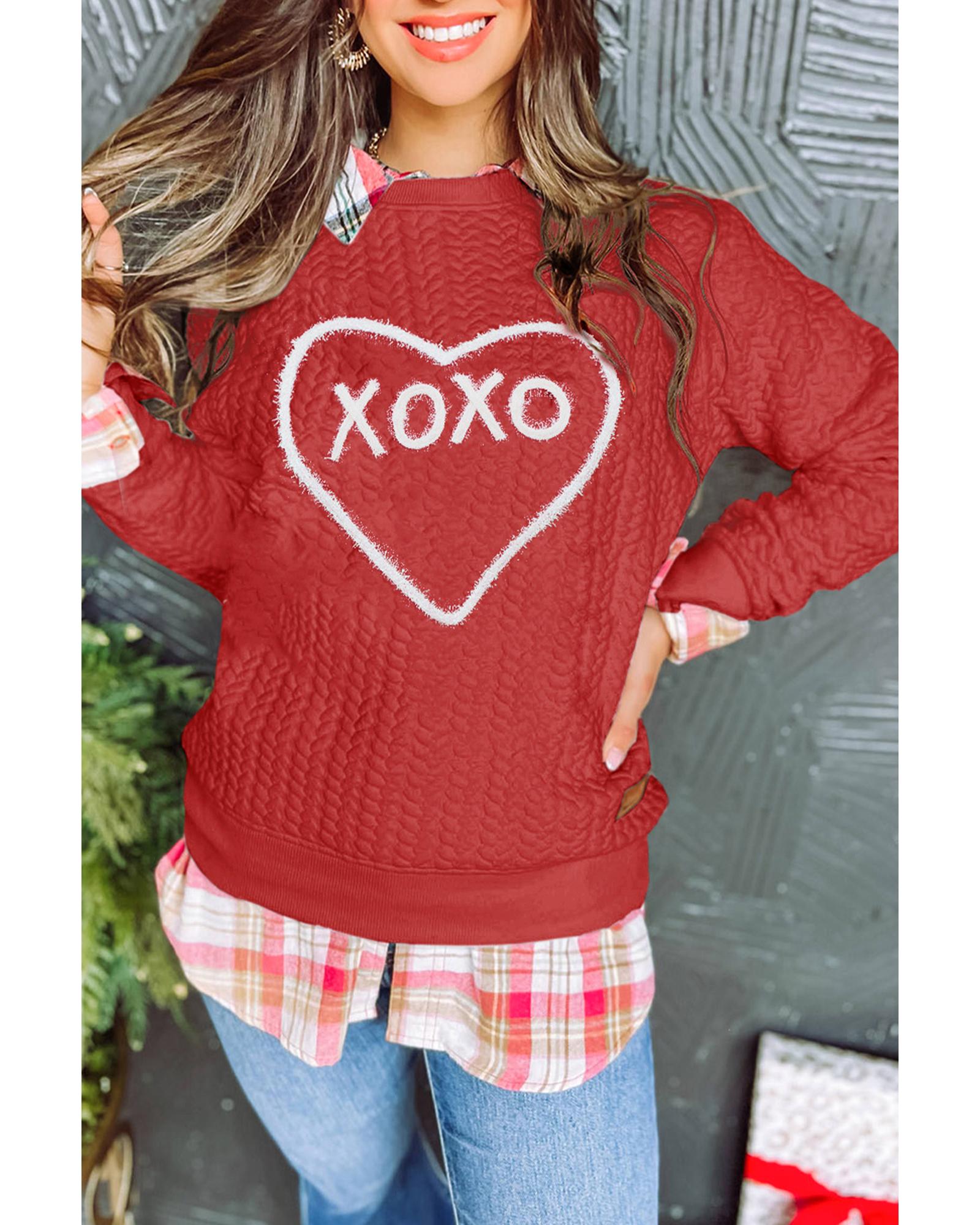 V539-AZEXDC25316785-P603-M-202508291620-00 Racing Red Heart XOXO Chenille Embroidered Textured Sweatshirt - M - Image 1