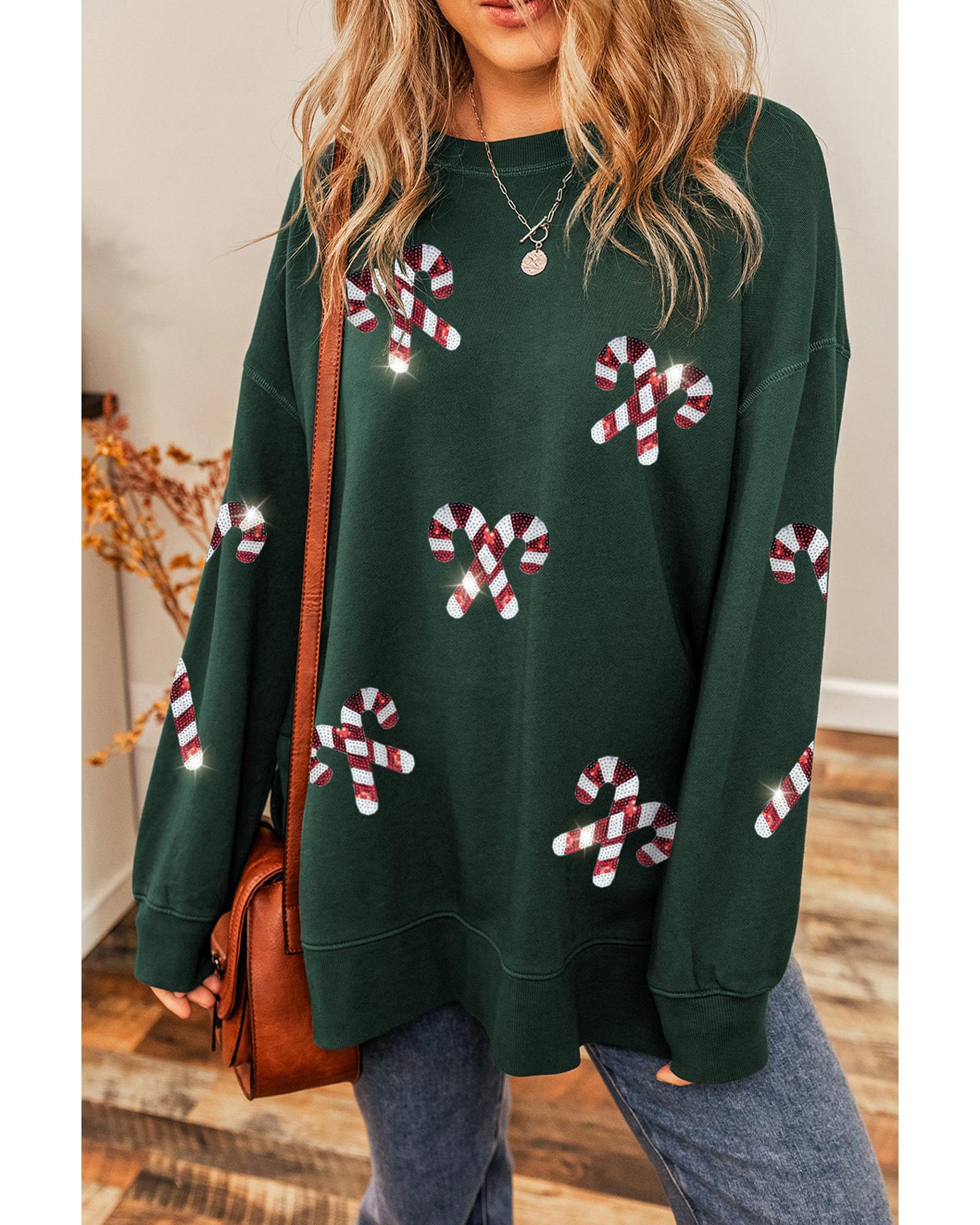 V539-AZEXDC25316936-P1309-M-202508291430-00 Duffel Green Christmas Cane Pattern Crewneck Oversized Sweatshirt - M - Image 1