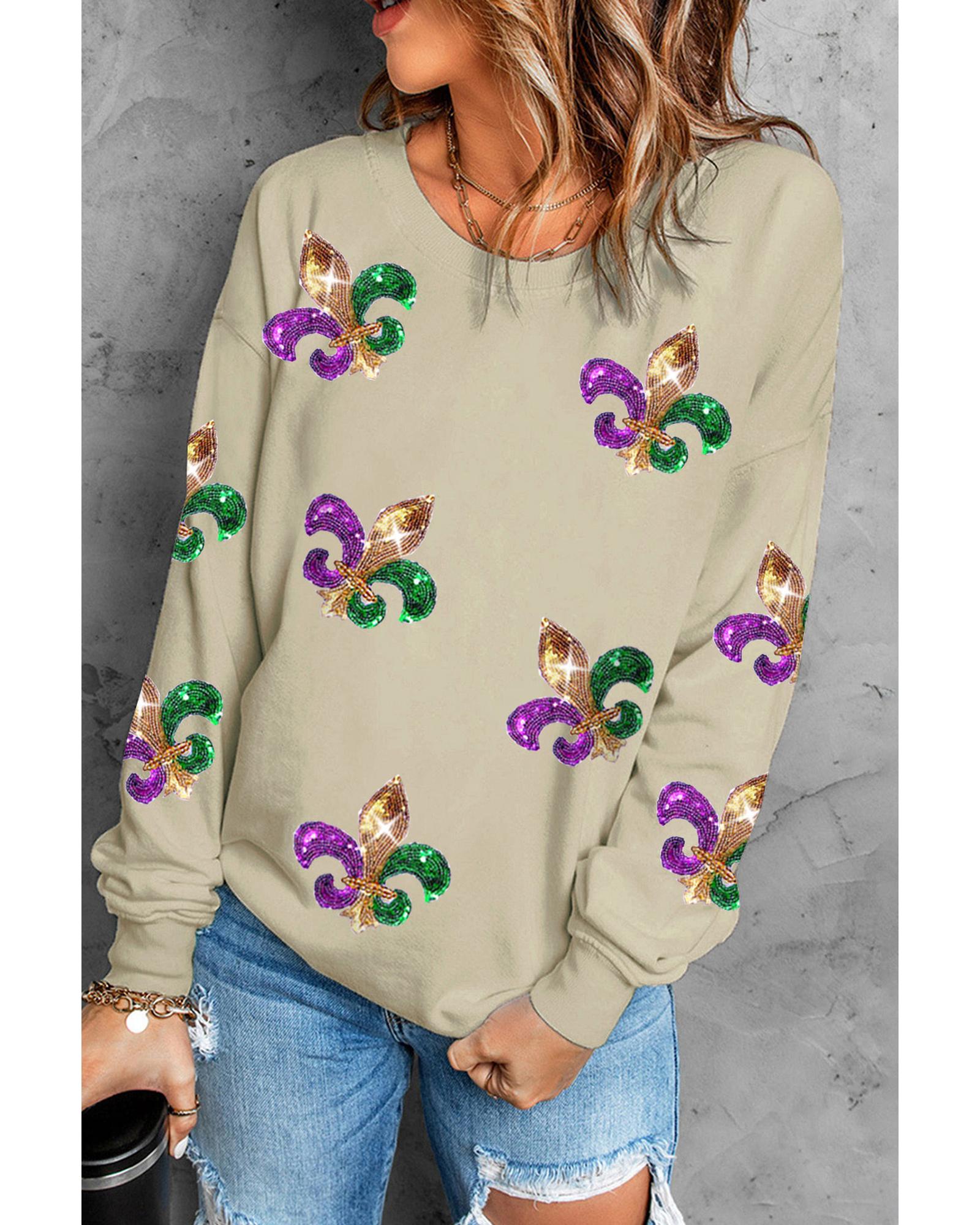 V539-AZEXDC25317084-16-2XL-202508281850-00 Khaki Sequin Mardi Gras Graphic Pullover Sweatshirt - 2XL - Image 1