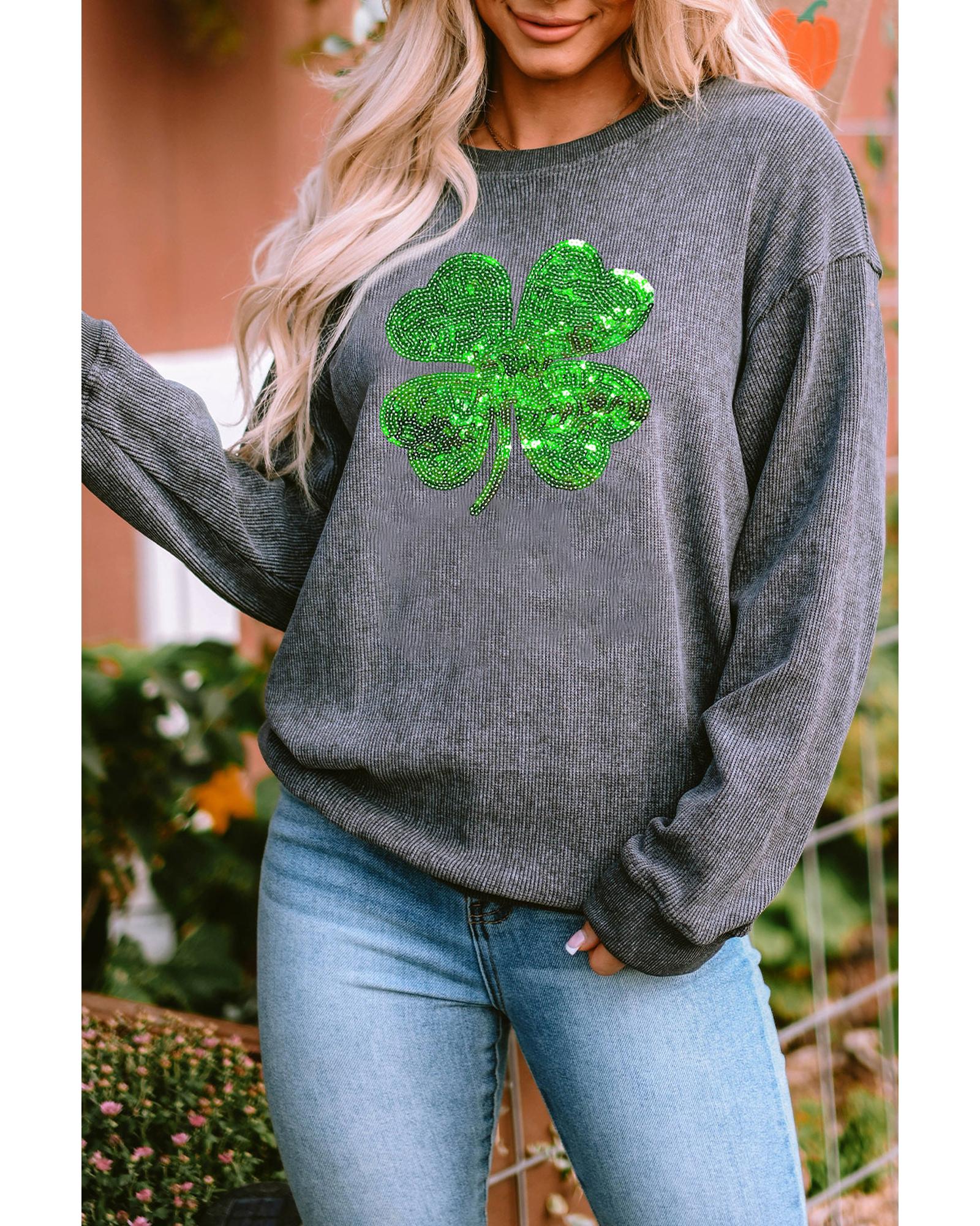 V539-AZEXDC25317199-11-L-202508281550-00 Gray Sequin St Patrick Clover Patch Corded Sweatshirt - L - Image 1