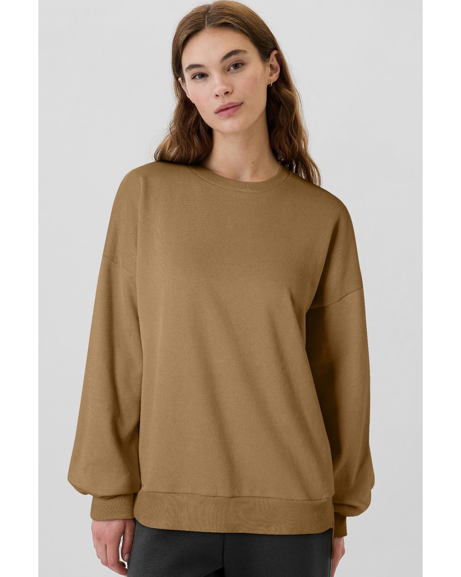V539-AZEXDC25317234-P1016-S-202506130440-00 Camel Solid Fleece Lined Drop Shoulder High Low Sweatshirt - S - Image 1
