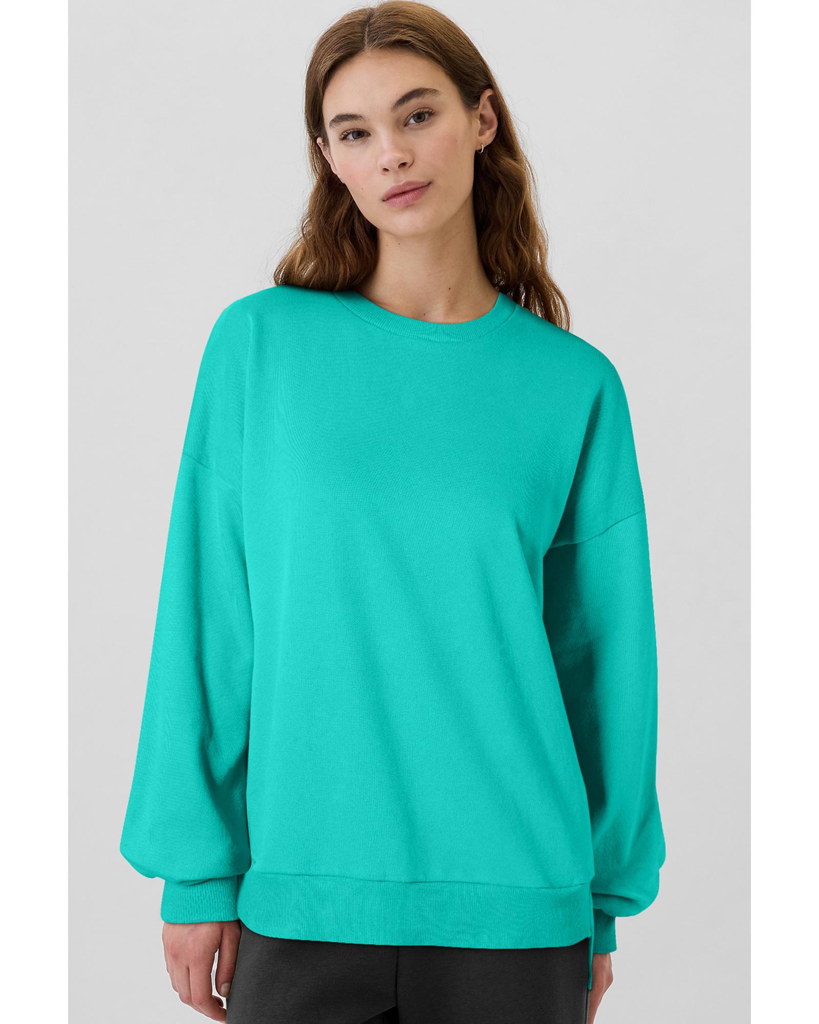 V539-AZEXDC25317234-P409-XL-202508281045-00 Sea Green Solid Fleece Lined Drop Shoulder High Low Sweatshirt - XL - Image 1
