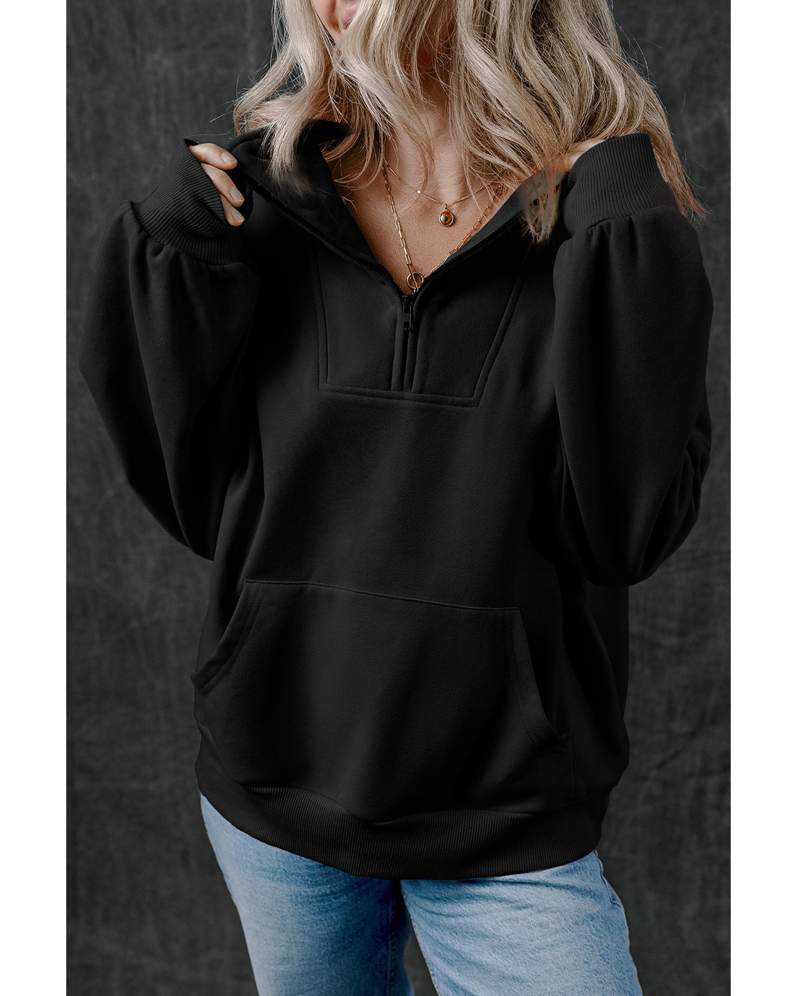 V539-AZEXDC25317277-P2-S-202506130532-00 Black Zip-up Stand Neck Kangaroo Pocket Sweatshirt - S - Image 1