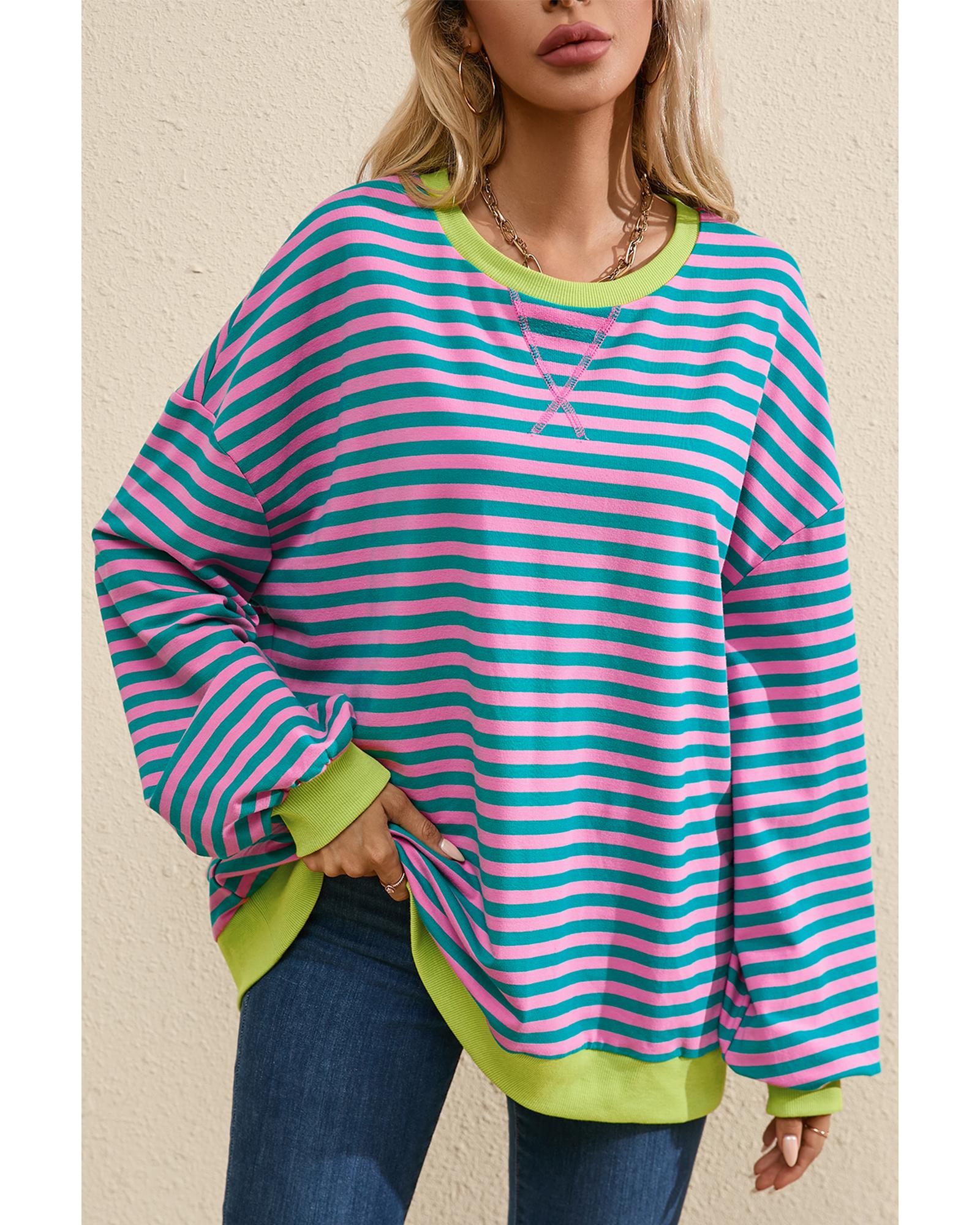 V539-AZEXDC25317293-P919-XL-202508282005-00 Green Stripe Oversized Contrast Trim Pullover Sweatshirt - XL - Image 1