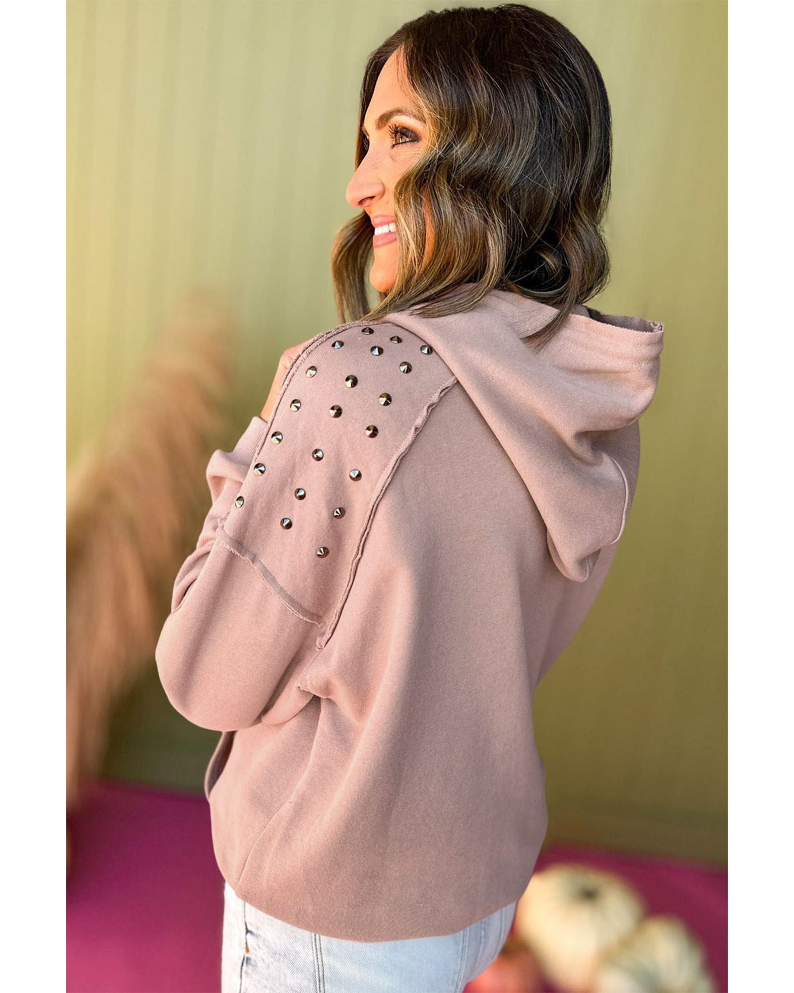 V539-AZEXDC25317332-P1410-XL-202508291830-00 Fushia Solid Color Rivet Stud Raglan Sleeve Hoodie with Pocket - XL - Image 1
