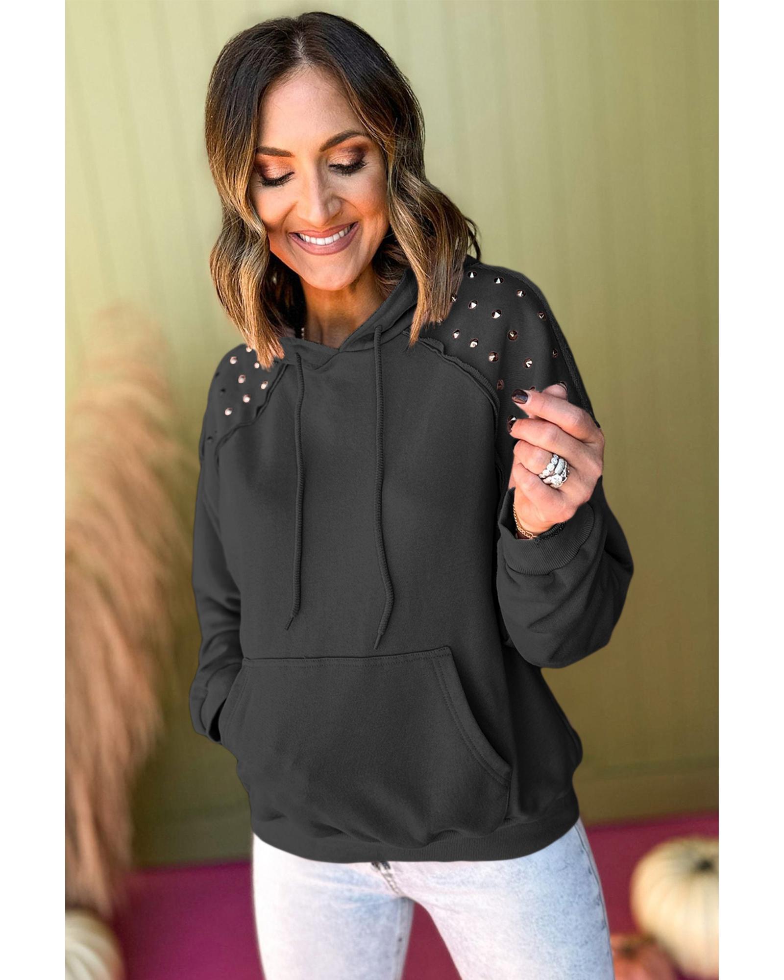 V539-AZEXDC25317332-P2-XL-202508280255-00 Black Solid Color Rivet Stud Raglan Sleeve Hoodie with Pocket - XL - Image 1