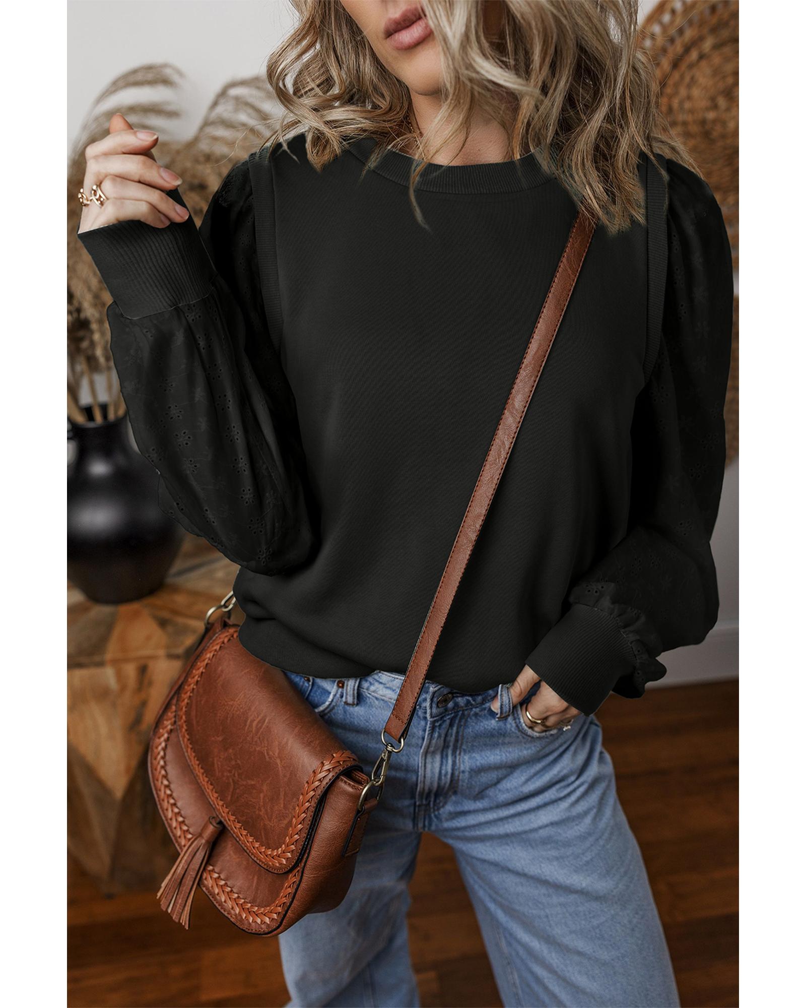 V539-AZEXDC25317344-P2-S-202506130710-00 Black Textured Patchwork Round Neck Sweatshirt - S - Image 1