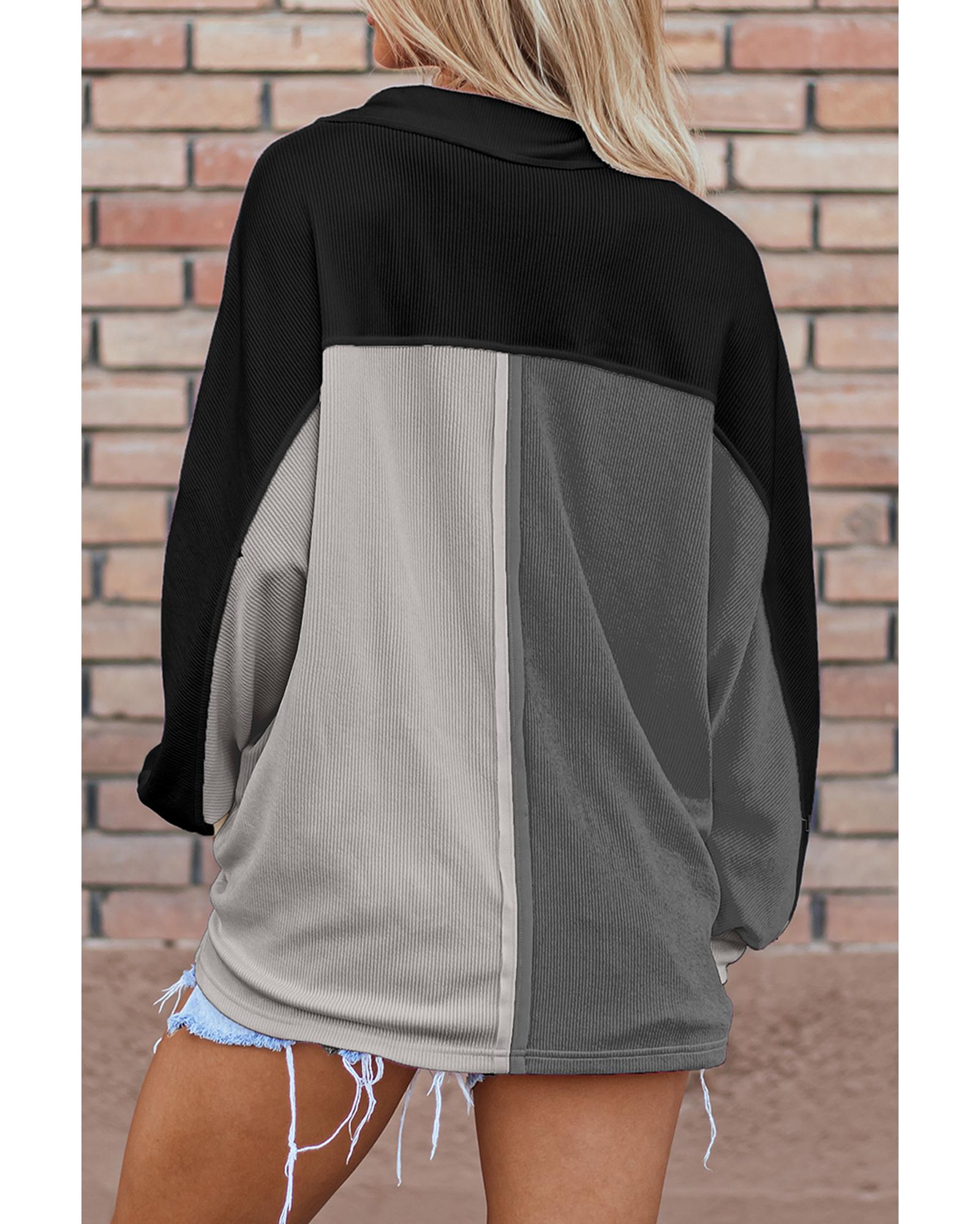 V539-AZEXDC25317366-P11-M-202508300220-00 Gray Colorblock Ribbed Collared Oversized Sweatshirt - M - Image 1
