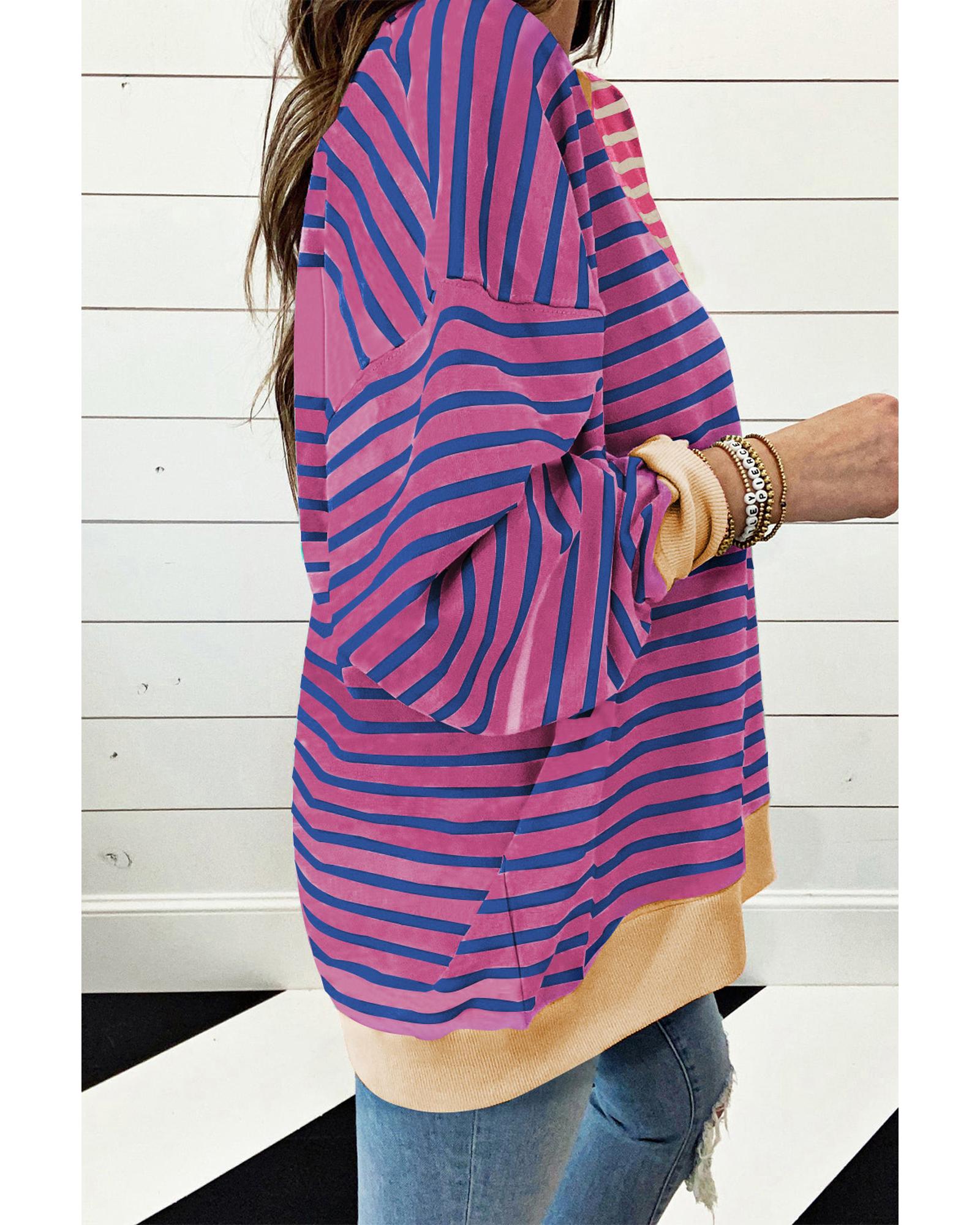 V539-AZEXDC25317370-P1019-2XL-202506130726-00 Pink Stripe Casual Stripe Colorblock Drop Shoulder Oversize Sweatshirt - 2XL - Image 1